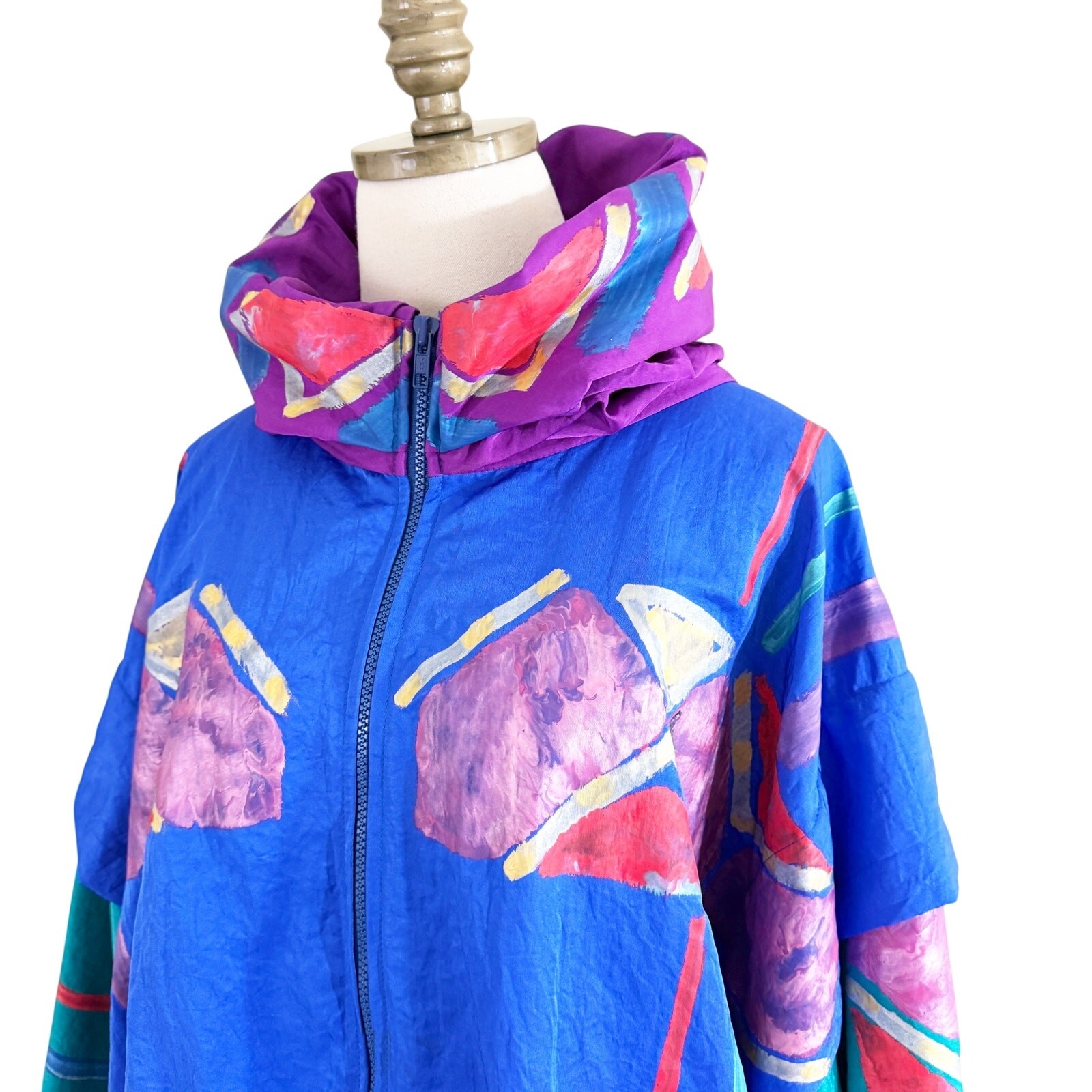 Vintage 90s Ann Original Blue/Multicolor Hand Painted Oversized Windbreaker EUC