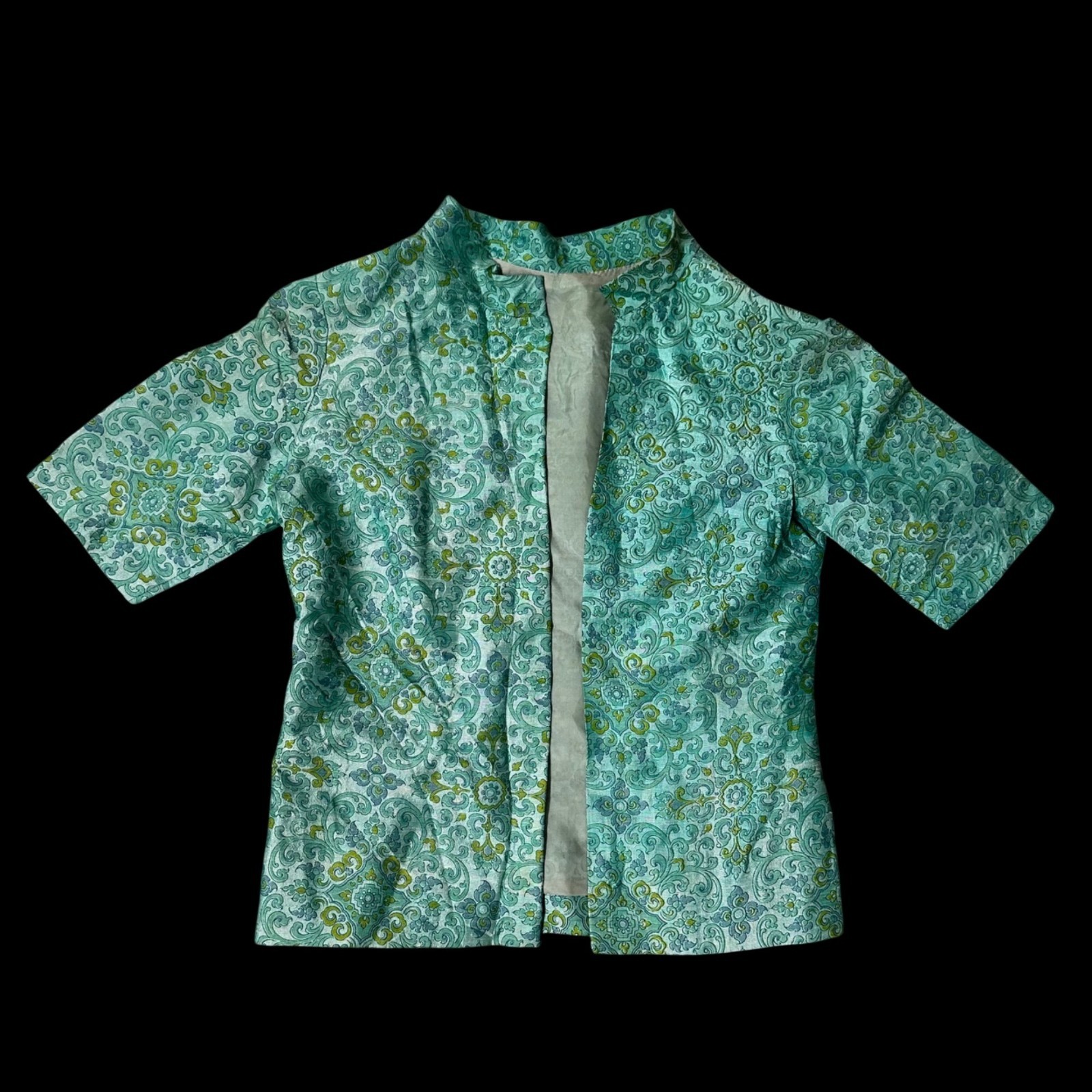 Vintage Open Front Jacket Short Sleeves Teal Green Paisley Handmade 50s Floral