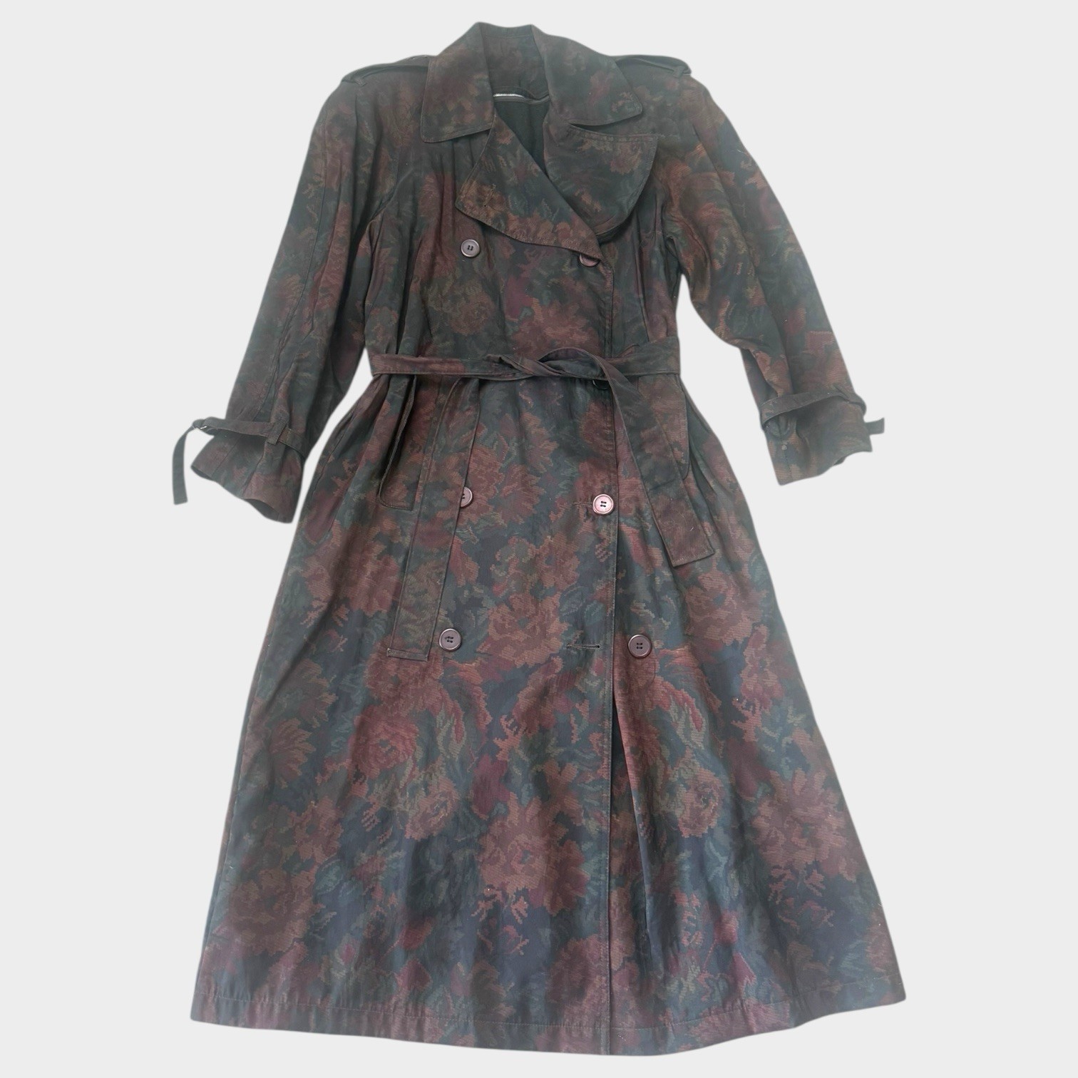 Vintage Lined Trench Coat Rain Jacket Duster Dark Floral Victorian Gothic S/M