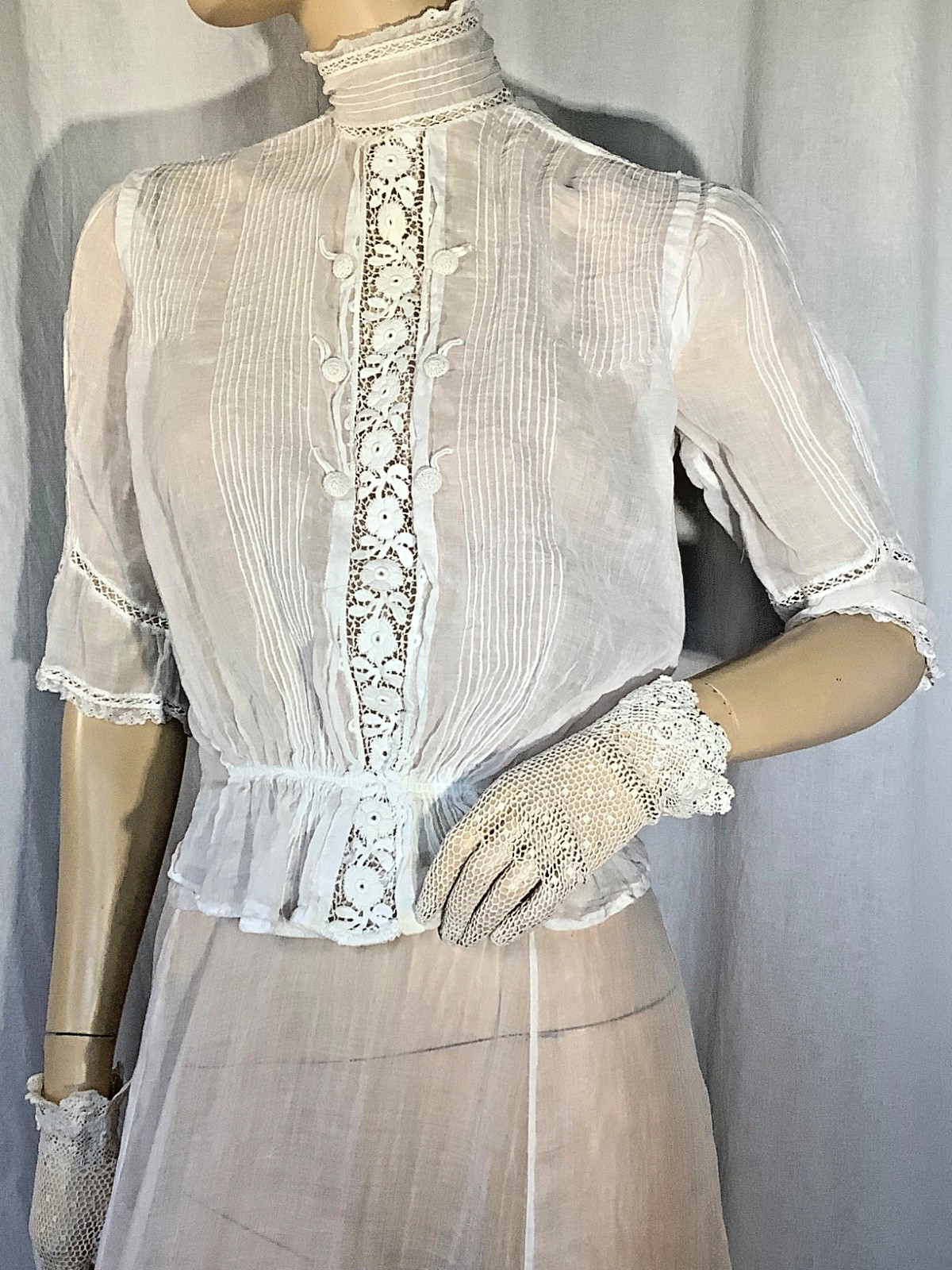 antique Edwardian blouse Top white Cotton lace M heirloom High neck 3/4 sleeve