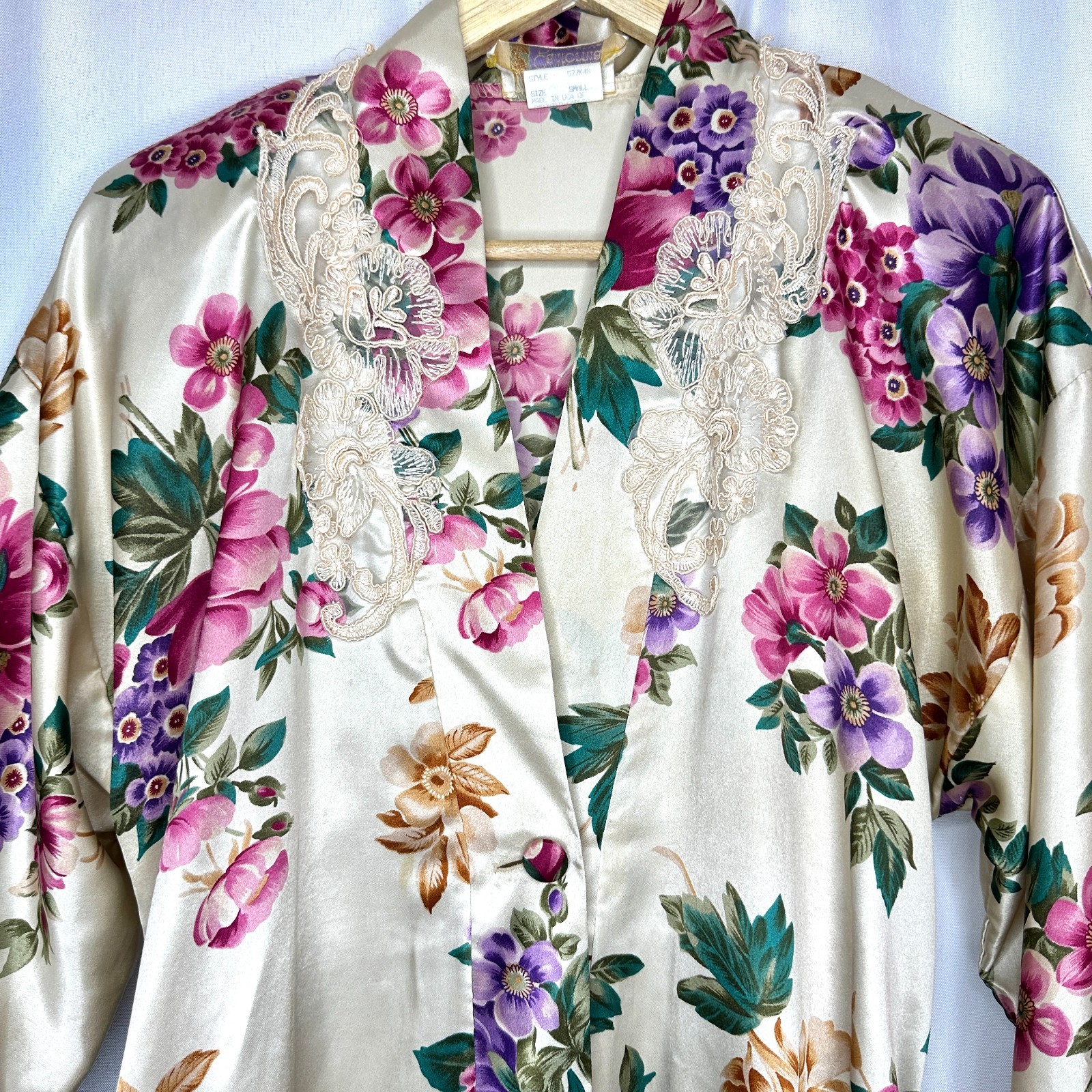 VTG California Dynasty Floral Lace Belted Robe, Small Made USA Coquette Cottage