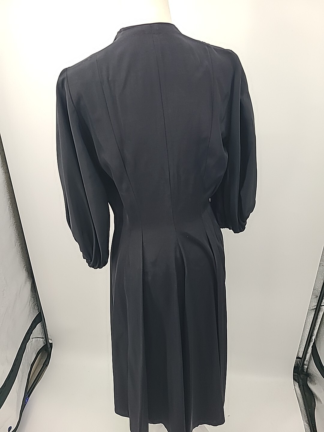 Rare VTG 1930s 40s Button Down Dress, Black With Bubble Sleeves & Full Skirt, LG
