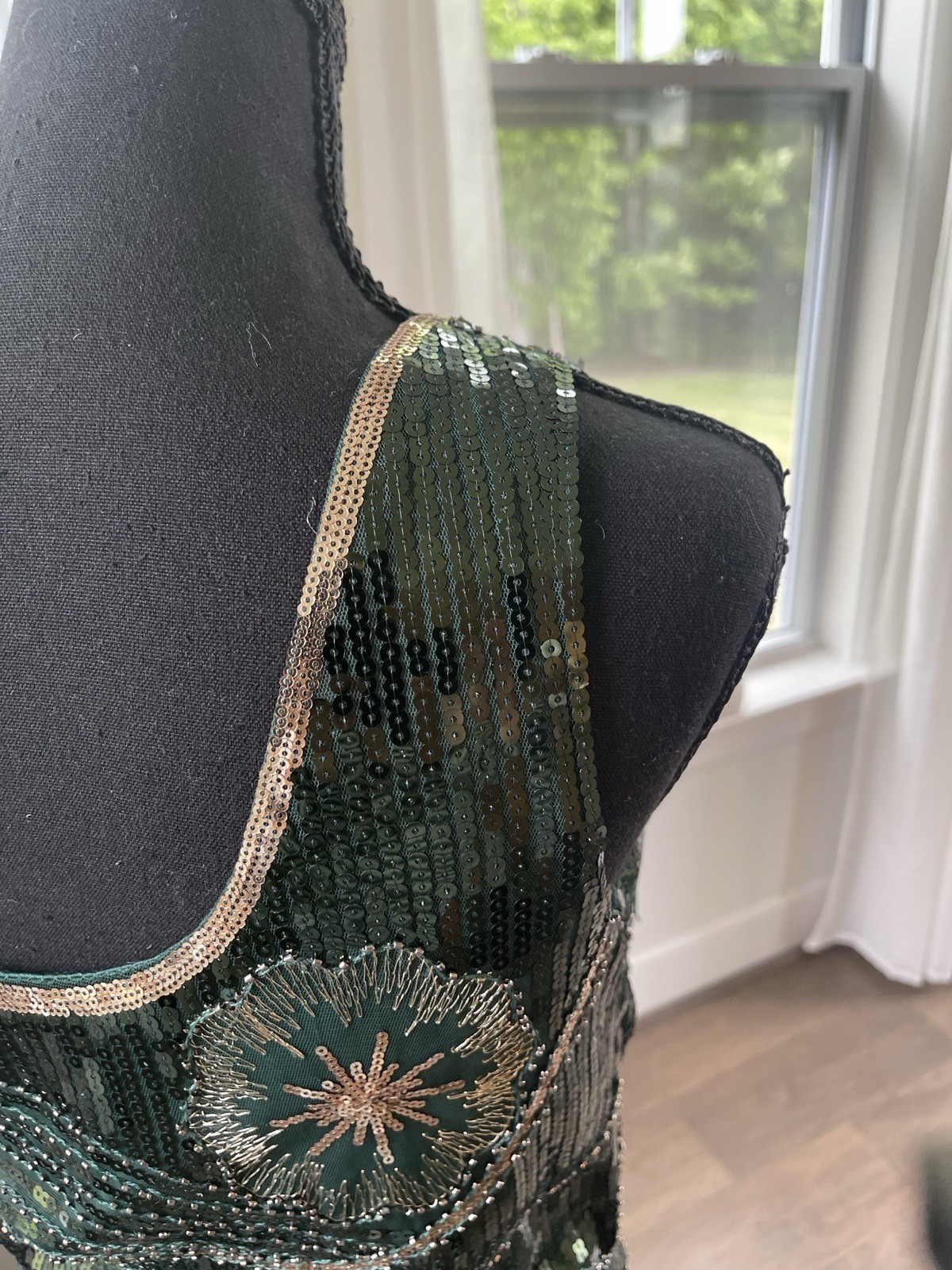 1920s Gatsby Flapper Dress Green Sequin Fringe Beaded Art Deco Evening