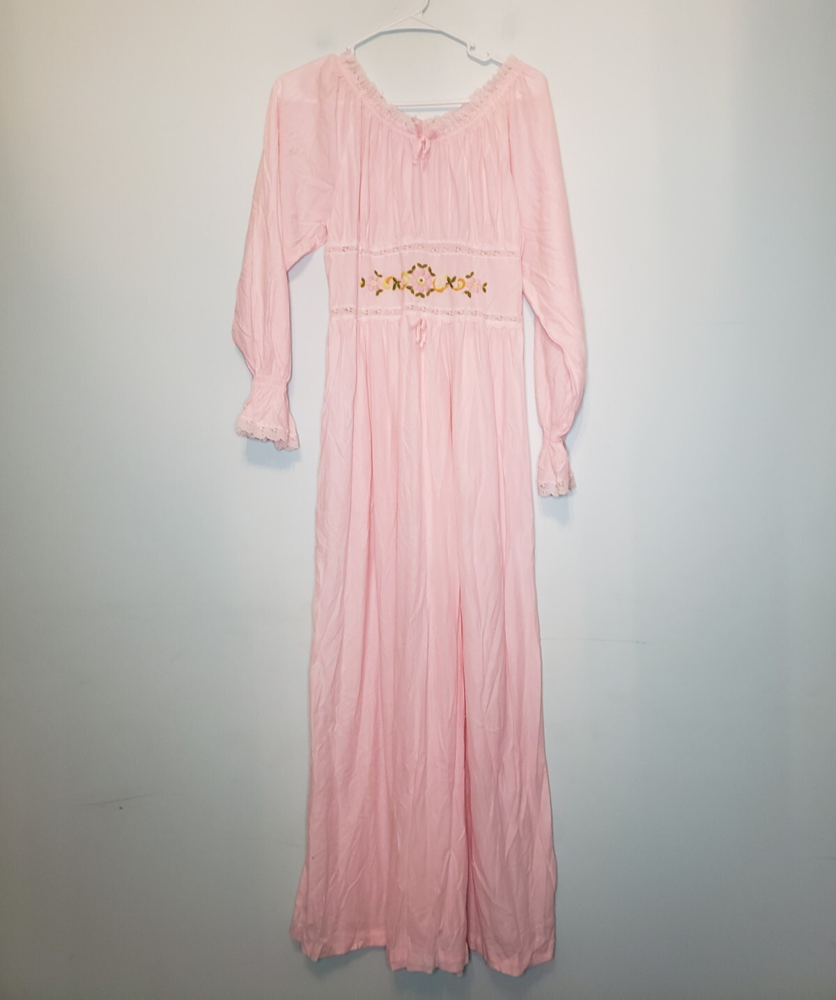 Vtg 70s Gilead Women L Nightgown Peasant Boho Flower Pink Maxi Semi Sheer Hippie