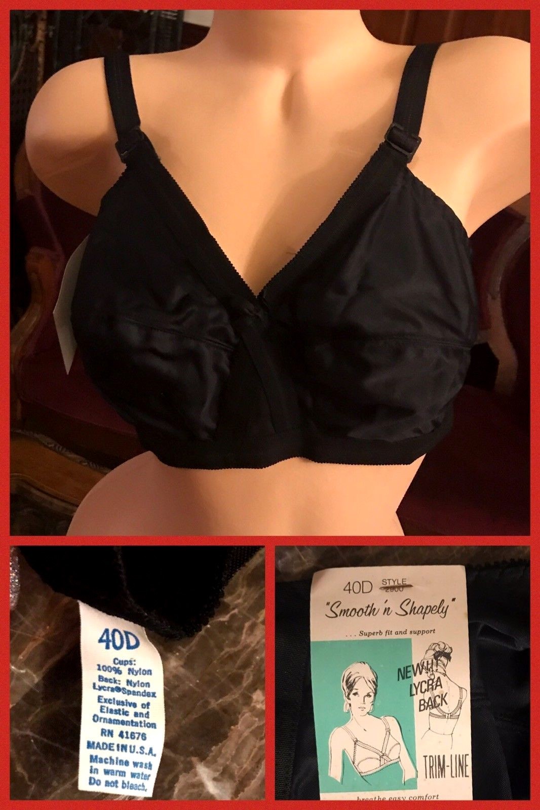 Vintage Bra Black Nylon Lycra Spandex Sheer Adjustable Straps 1970s NEW Sz 40D