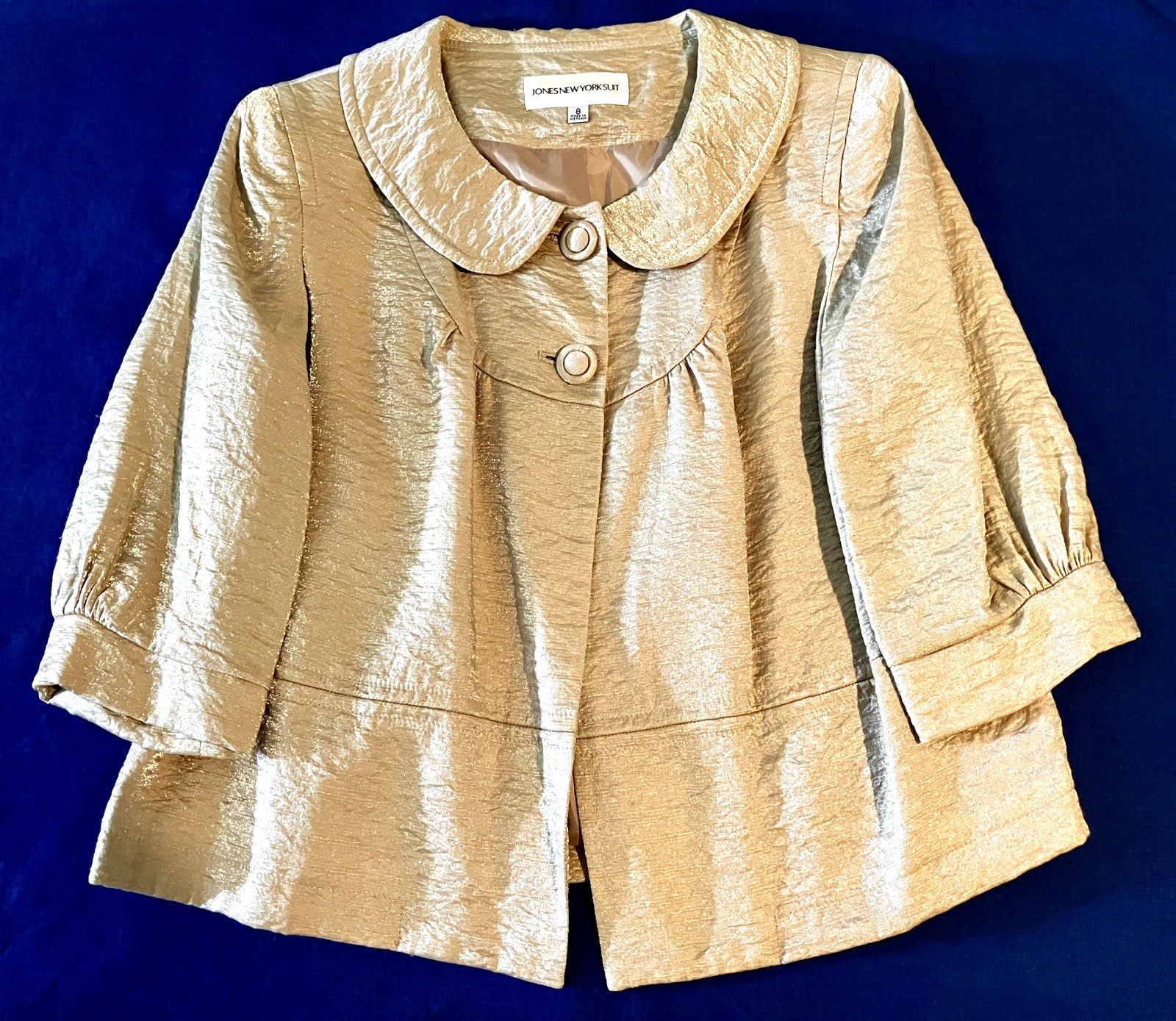 JONES NEW YORK SUIT Vtg Jacket M / 8 Peter Pan Collar 3/4 Sleeve Metallic Beige