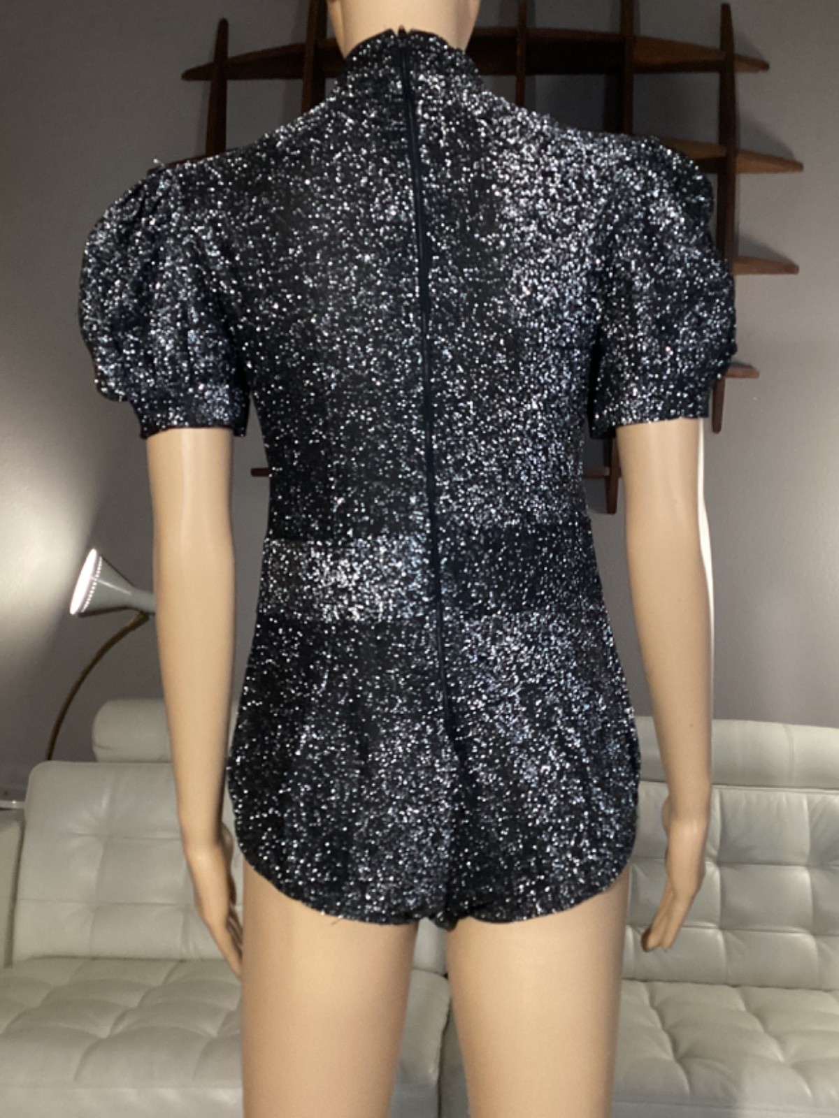 Vintage 70&rsquo;s 80s Silver Metallic Black Disco Body Body Suit Puff Sleeves