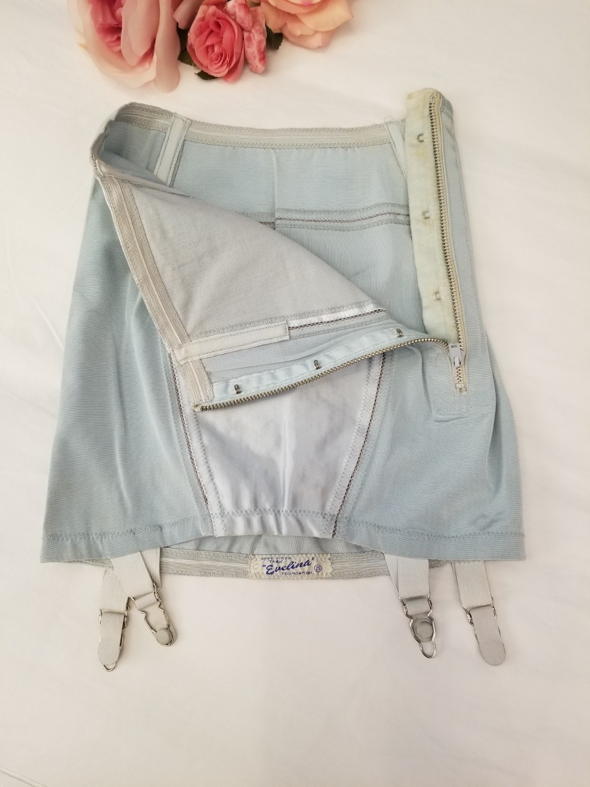Rare Vintage 1930s Evelina Powder Blue Satin Corset Girdle Open Bottom w/Garters