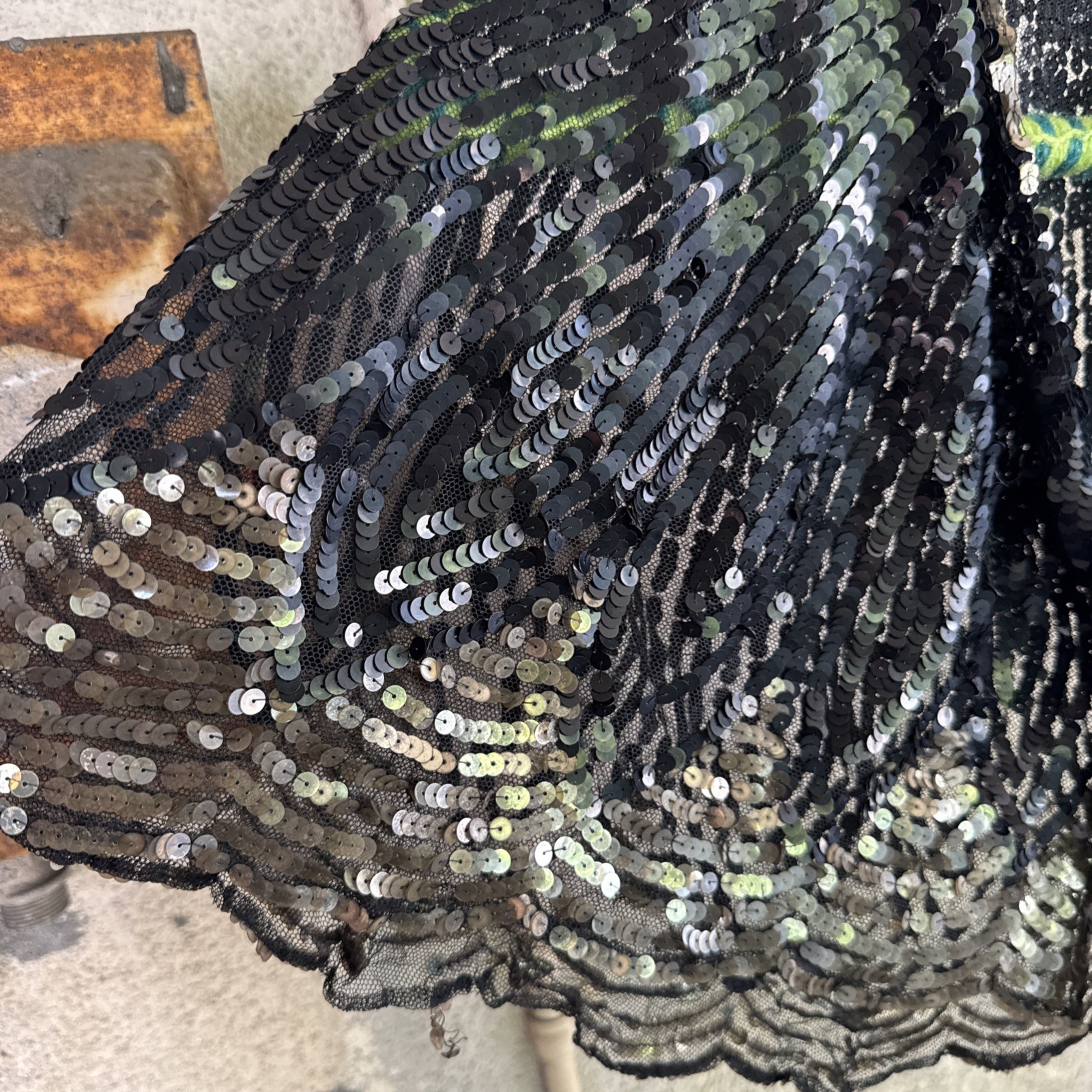 Vintage 1930s Black & Silver Sequin On Net Scalloped Cape Art Deco Dress Top