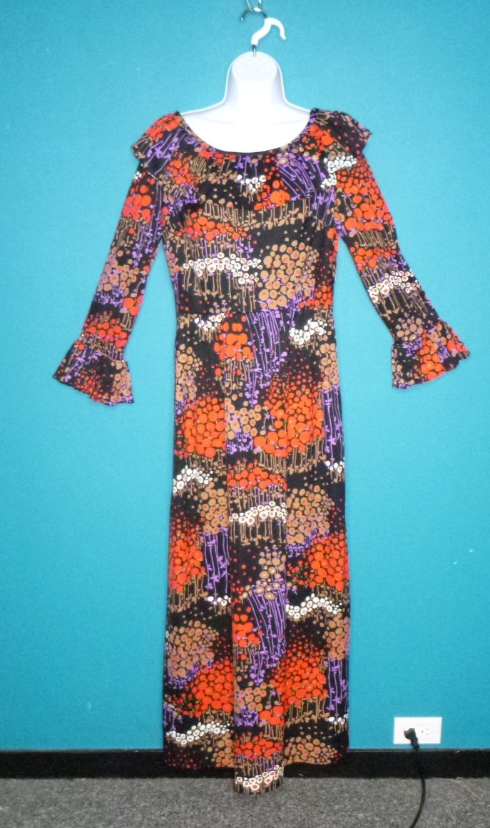 Vtg 70s Dynasty Stretch Poly MOD Maxi Dress Stylized Floral Sz S/M Hong Kong