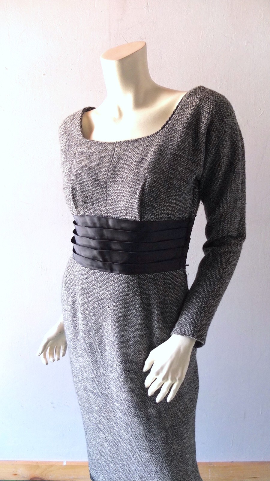 1950s Phyllis De Trano for Georgette Snowstorm Tweed Wiggle Dress Joan Mad Men