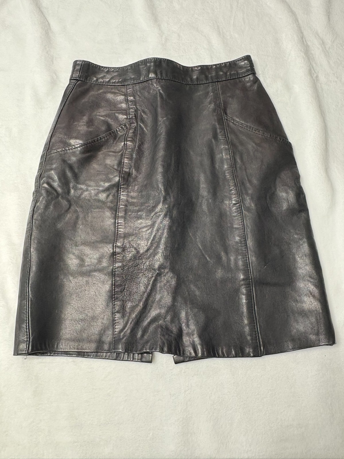 Vintage Black Leather Skirt Womens Size XS-S 26in Waist Lined Button Zip Slit