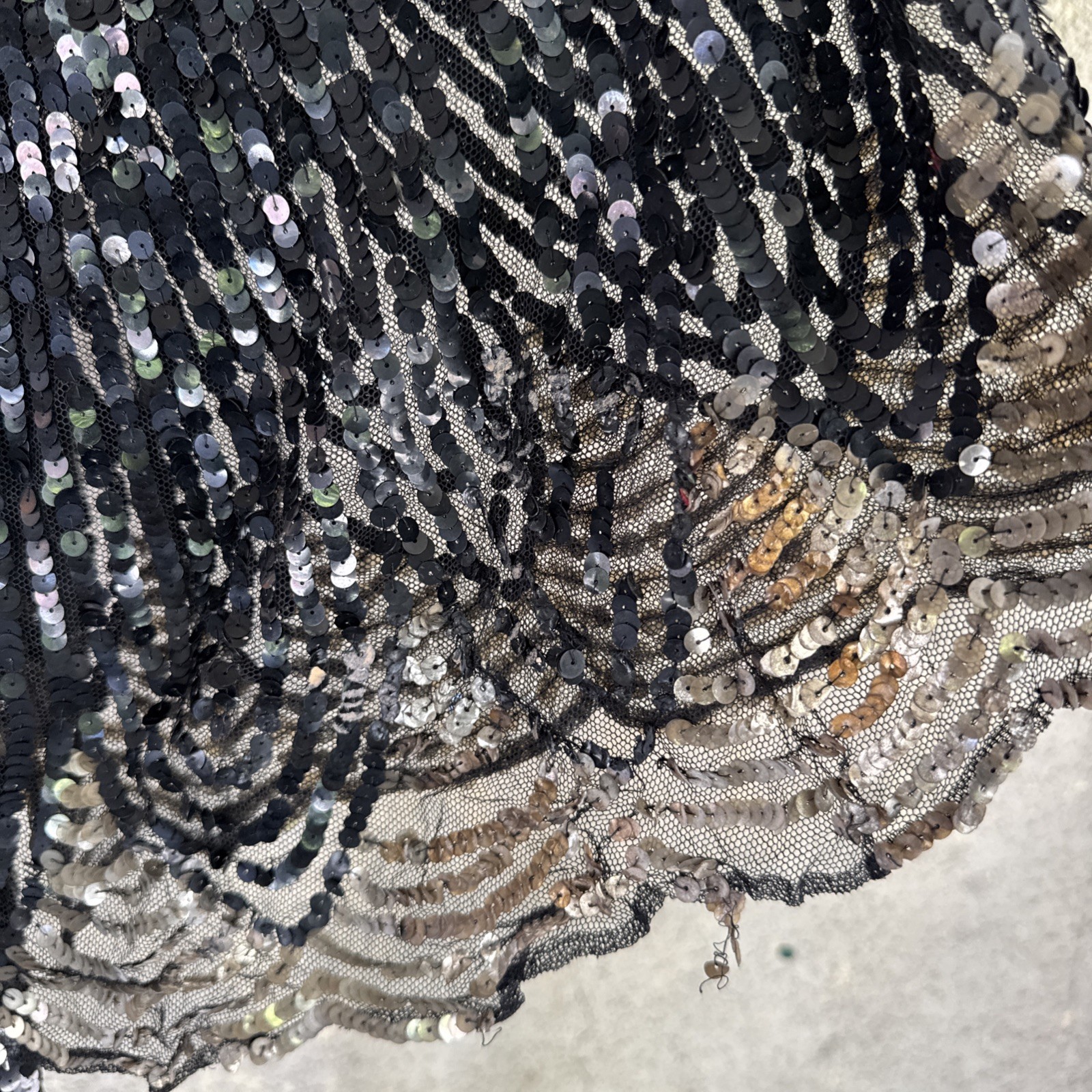 Vintage 1930s Black & Silver Sequin On Net Scalloped Cape Art Deco Dress Top