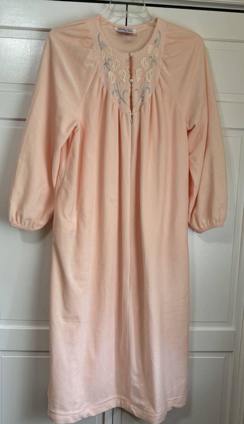 Vintage VANITY FAIR PEACH Midi Zip Front Plush ROBE Appliqué Women&rsquo;s MEDIUM