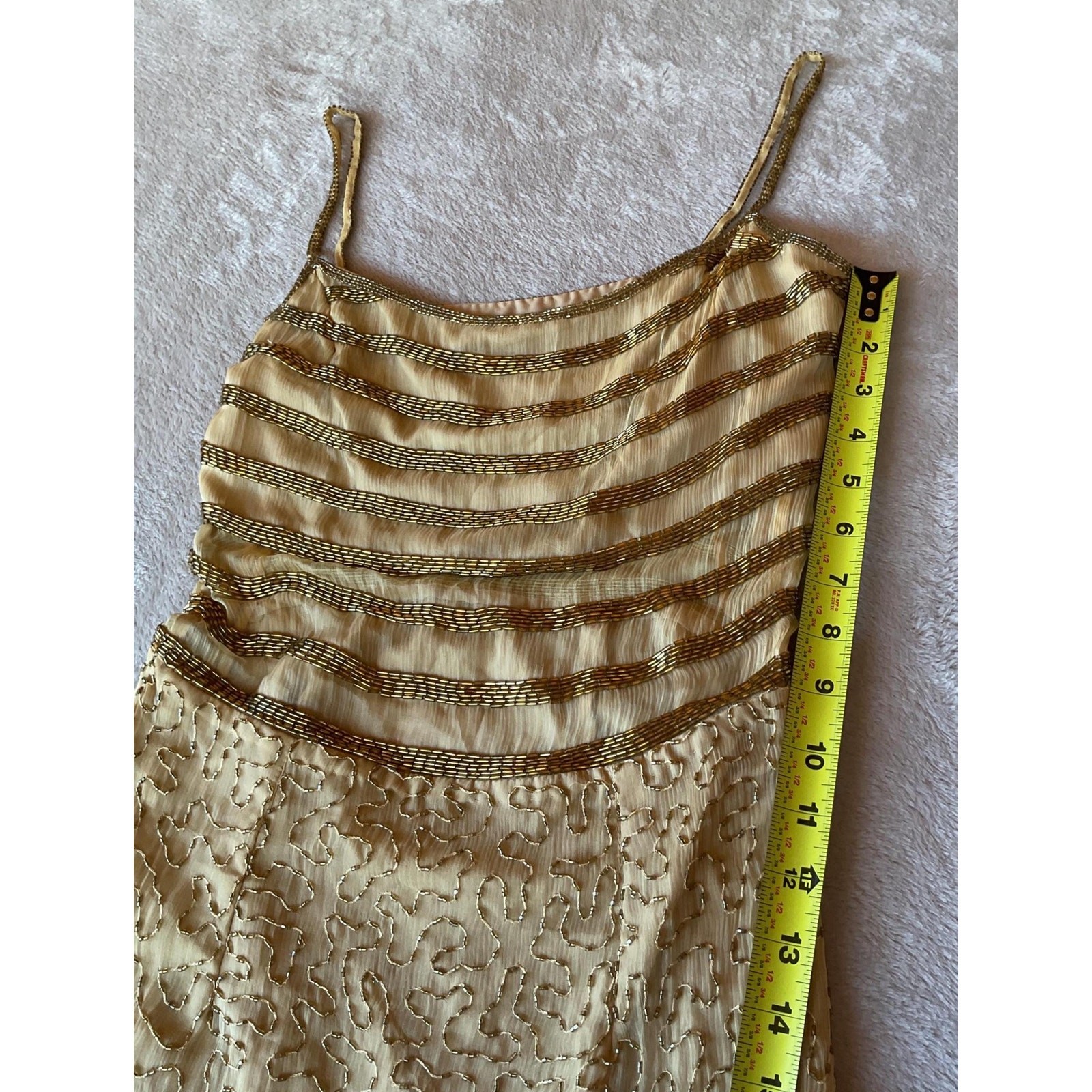 NWT Vintage 90s Gold Silk Beaded Column Gown with Front Slit, Deadstock