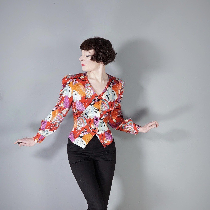 1980s vintage Yves Saint Laurent Red Novelty Puff Shoulder Silk Blouse S/M