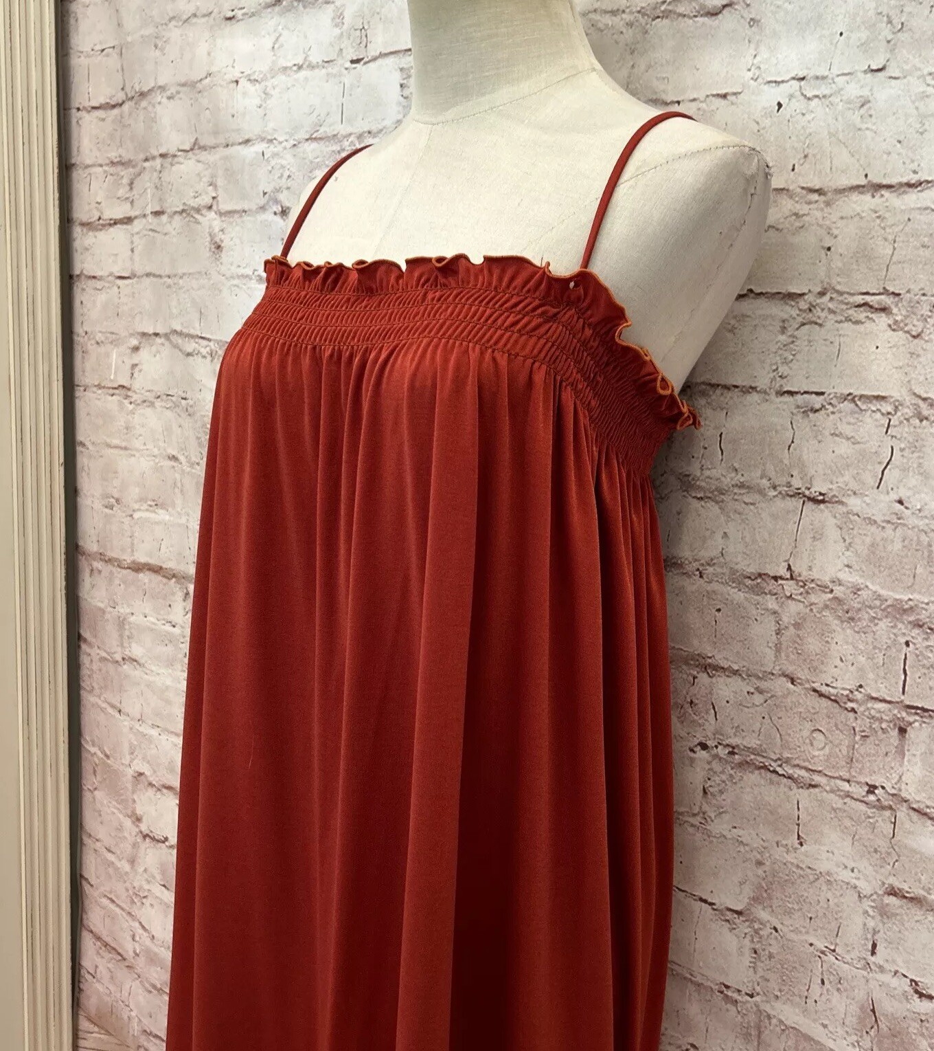 VINTAGE Dress *S/M *See Description SMOCKED Tier Spaghetti Shift Midi 70s Hippie