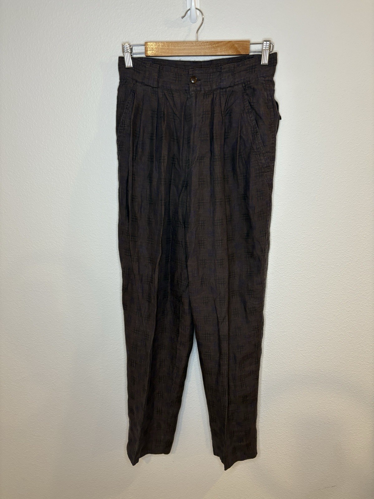 Vintage Gianni Versace Brown Blue Windowpane Pants Italy 25 High Rise Pleated