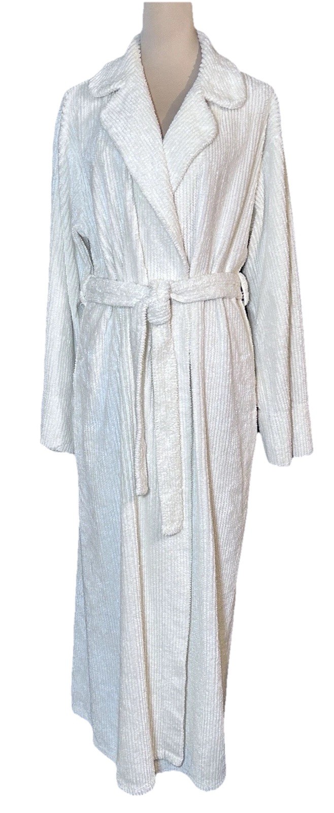 Vtg 80s Stan Herman Chenille White Robe Belt Pocket Cottage Shabby Chic USA M/L