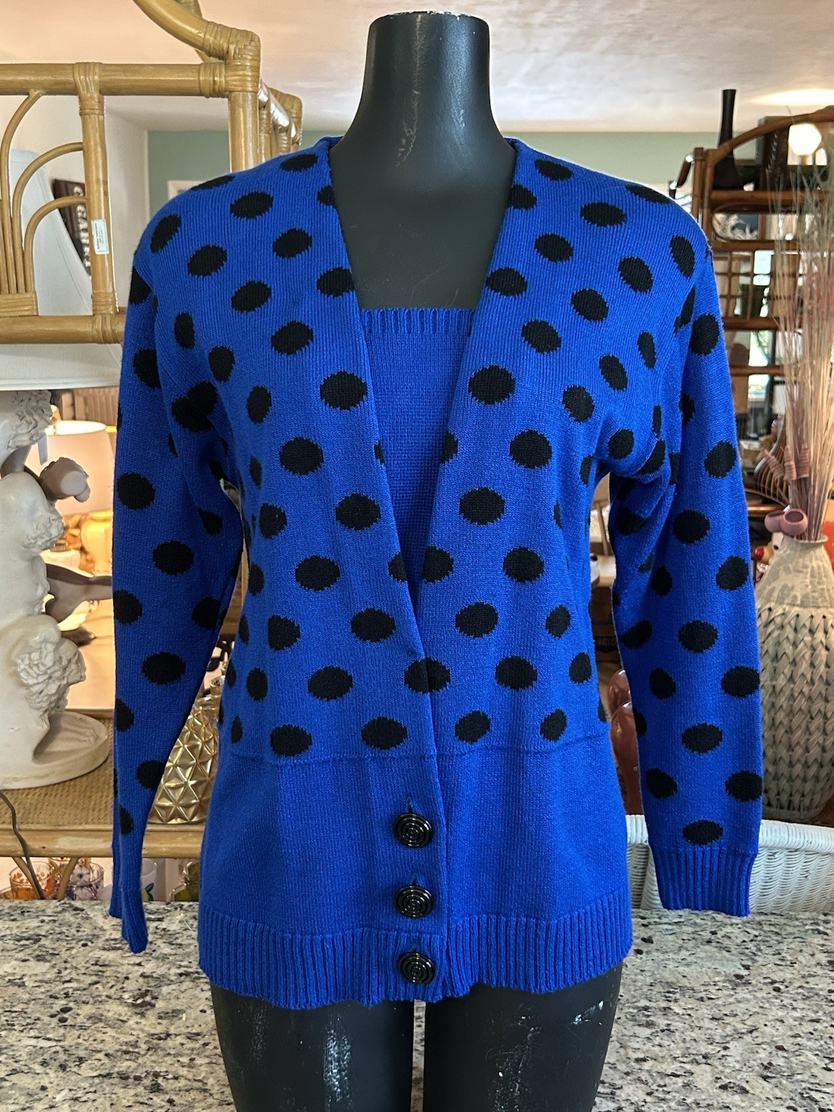 Vintage 90s Ami Knits Blue Black Polka Dot Sweater Cardigan Women’s 8 USA M