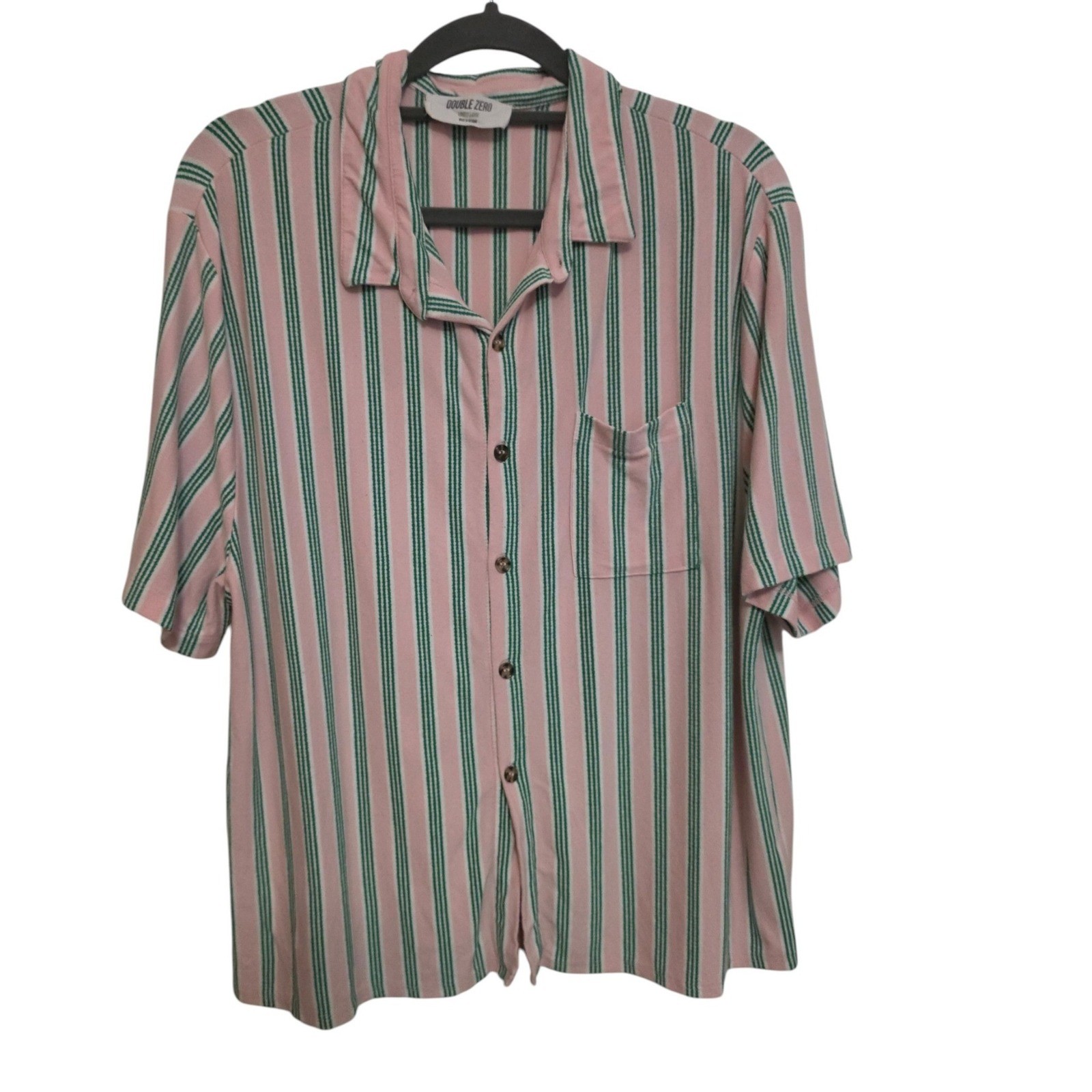 Y2K 90&rsquo;s Baby T Large Rayon Camp Shirt Pink Green Stripe Button Front Pocket Top