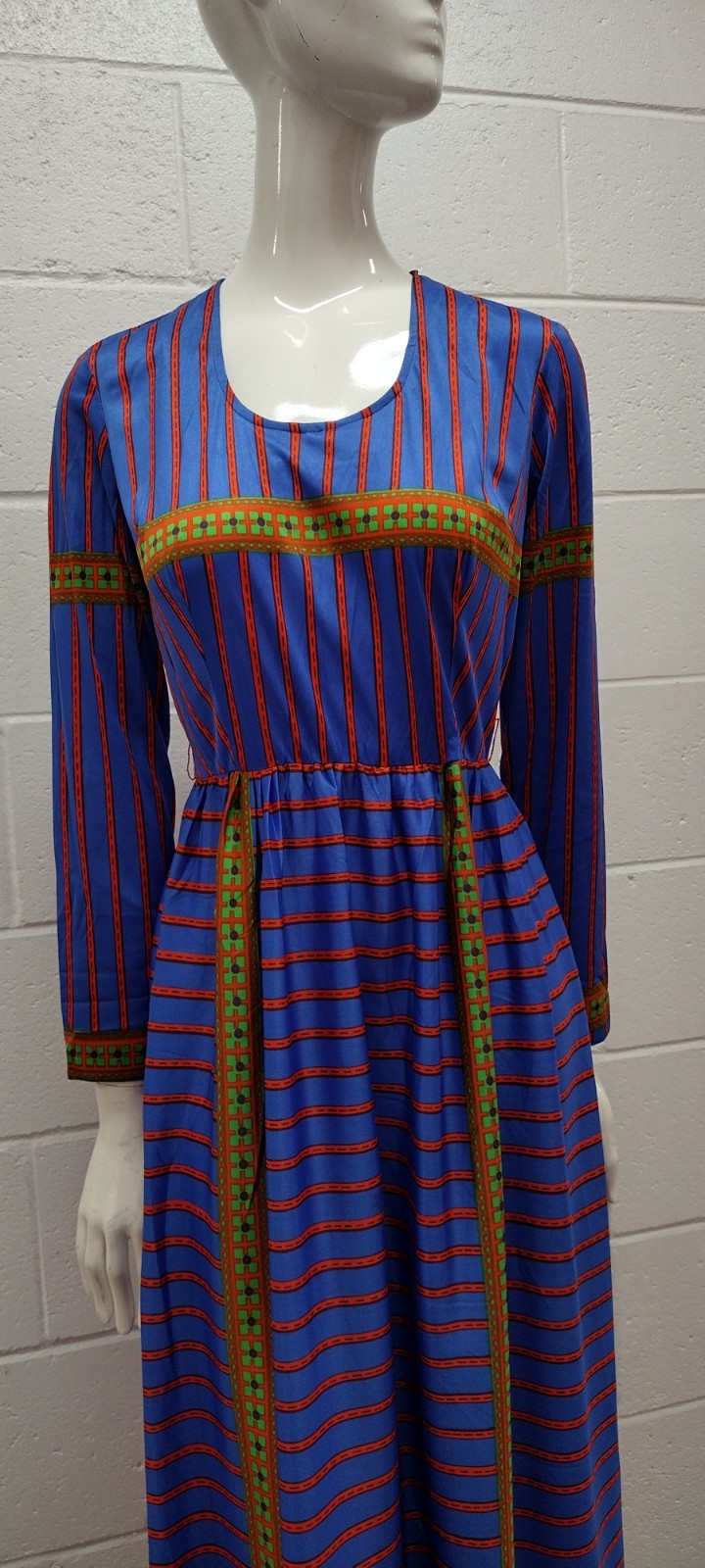 60S 70s Geometric Maxi Dress Blue Multicolor Designer SAKS Leonard Tuttman Small
