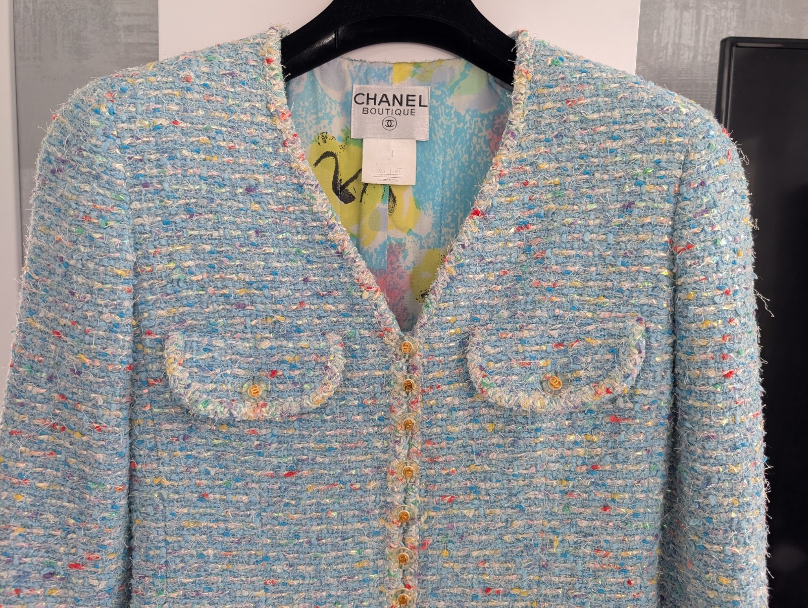 Chanel 1997 Confetti Fantasy Tweed Coat Blue Jacket Camellia Print Silk Dress 40