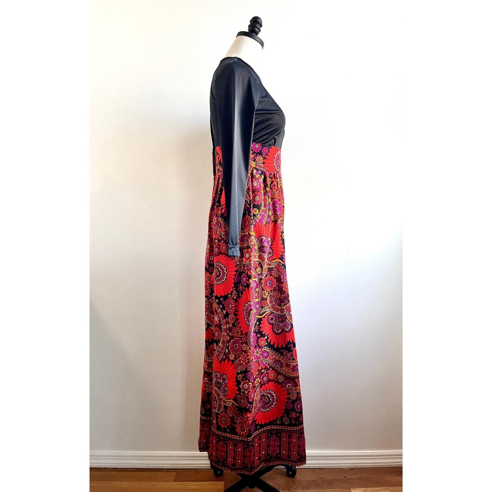 Vintage 60s Psychedelic Empire Waist Maxi Dress | Mod Floral Paisley |XS