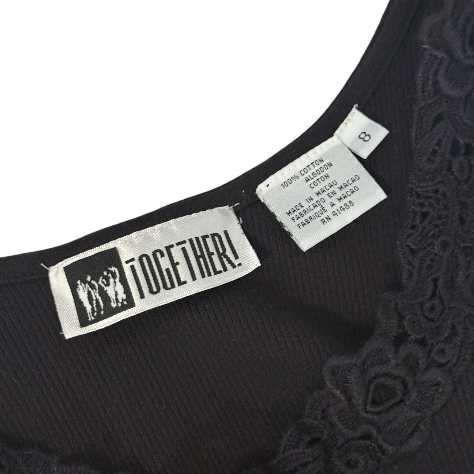 Vintage Together Black Bodysuit Buttoned Lace Trim 80s Tank Top 100% Cotton