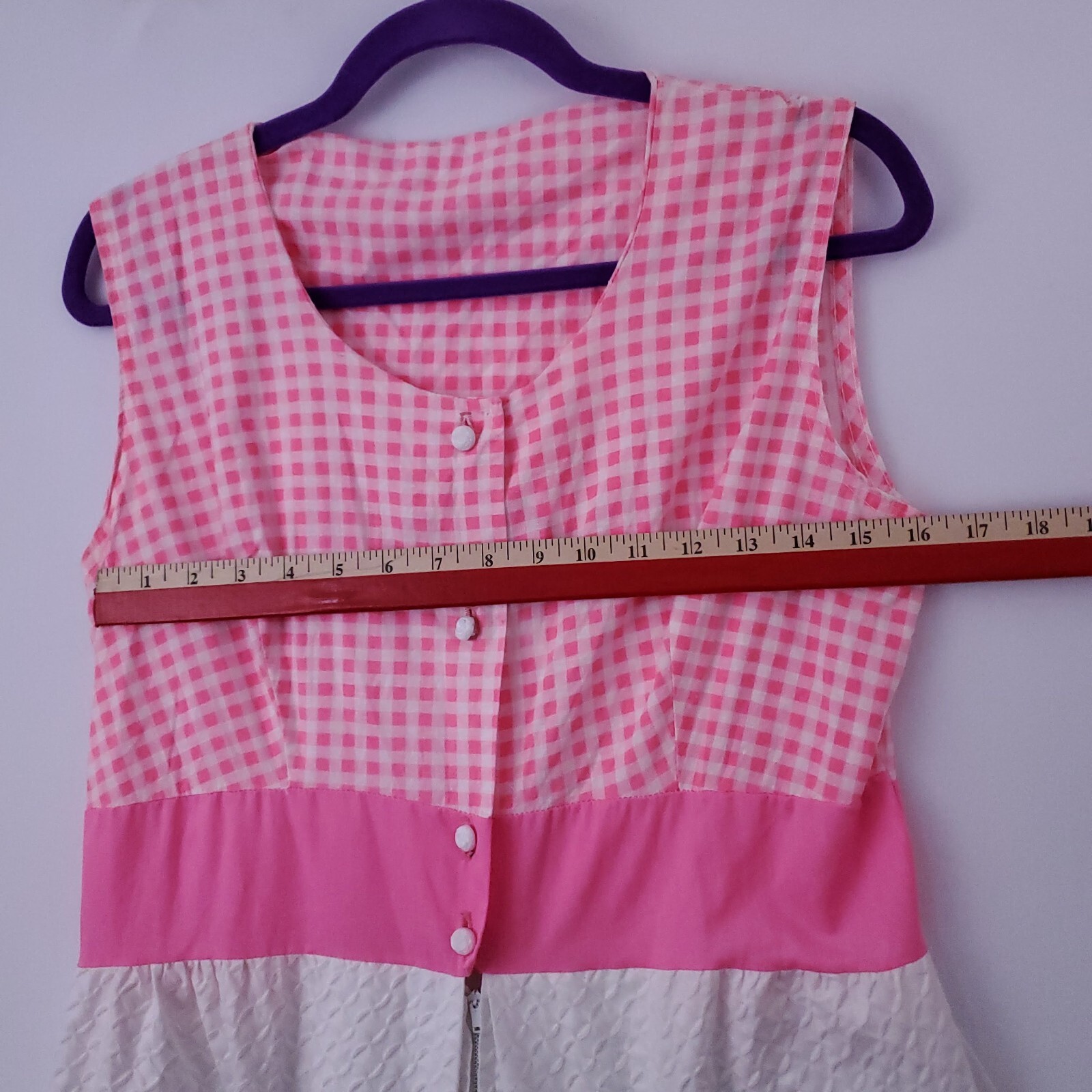 Vtg BarbieCore Pink White Gingham Cottage 60&rsquo;s Mini Tank Dress Embroidered S/M