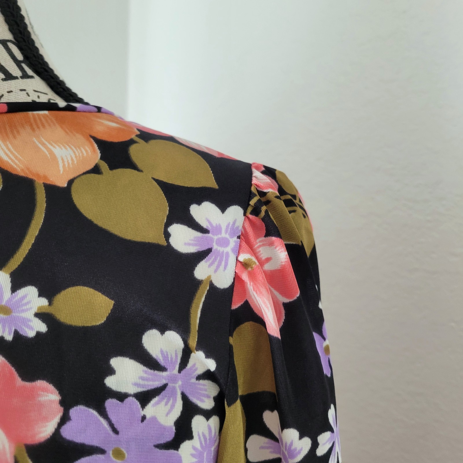 Vintage 70s 100% Antron Nylon Black Floral Maxi Dress Plunge Back Slinky Small