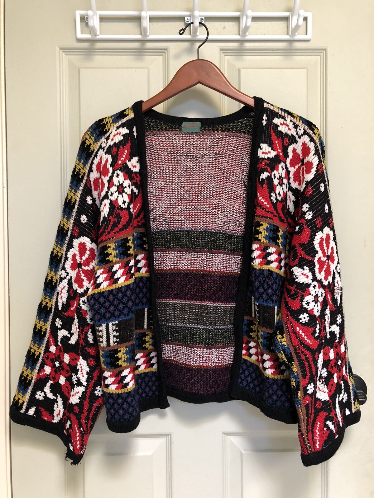Vintage 70s KENZO Paris Cardigan Sweater Unique Colorful Pattern & Tiger Patch