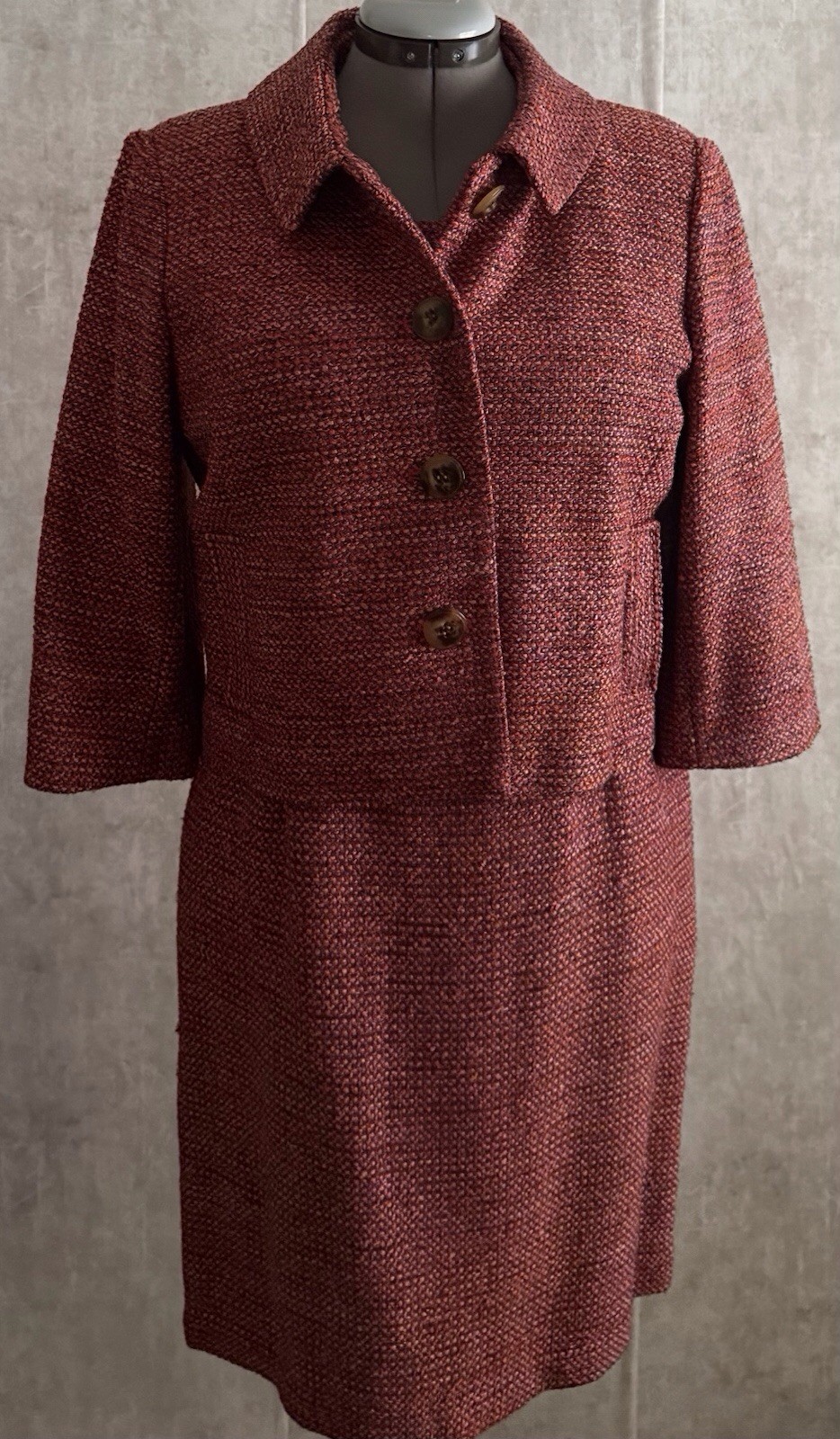 Talbots 2pc Silk Blend Multi Rasberry/Wine Tweed Sheath Dress Jacket Set Sz12P