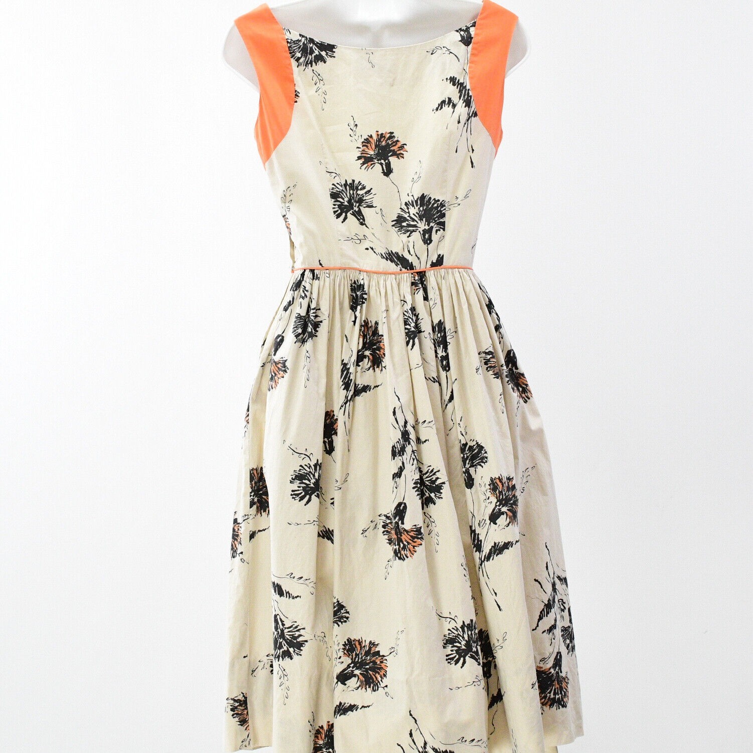 50s Vintage Cotton Fit N Flare Dress 2XS Beige Orange Black Sweetheart Floral