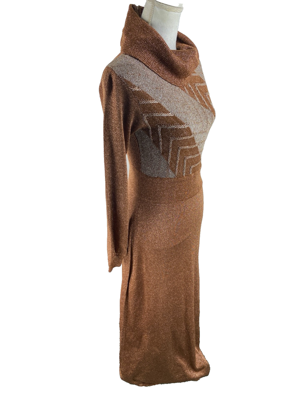 VTG 70s Wenjilli Copper Metallic Disco Slinky Knit Lurex Glitter Dress 13/14