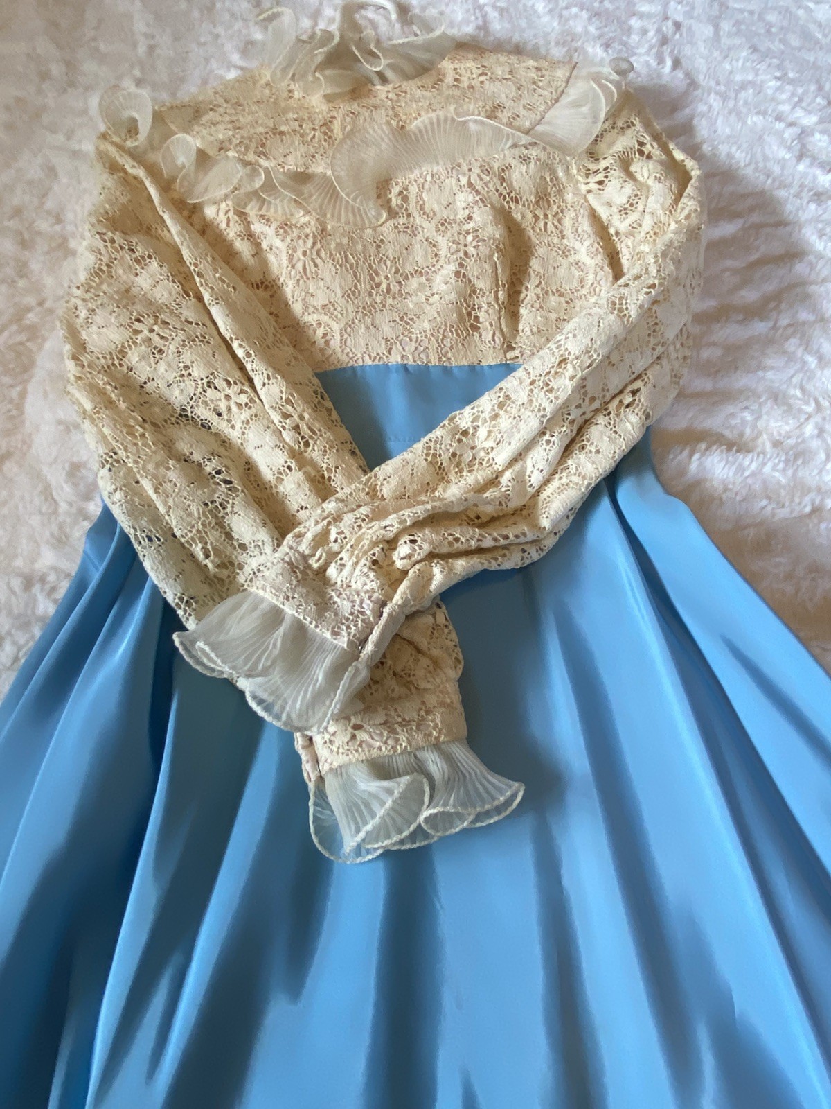 VTG Victorian Cottagecore Bridgerton Blue & Cream Lace & Ruffle Dress SZ XS 0-2