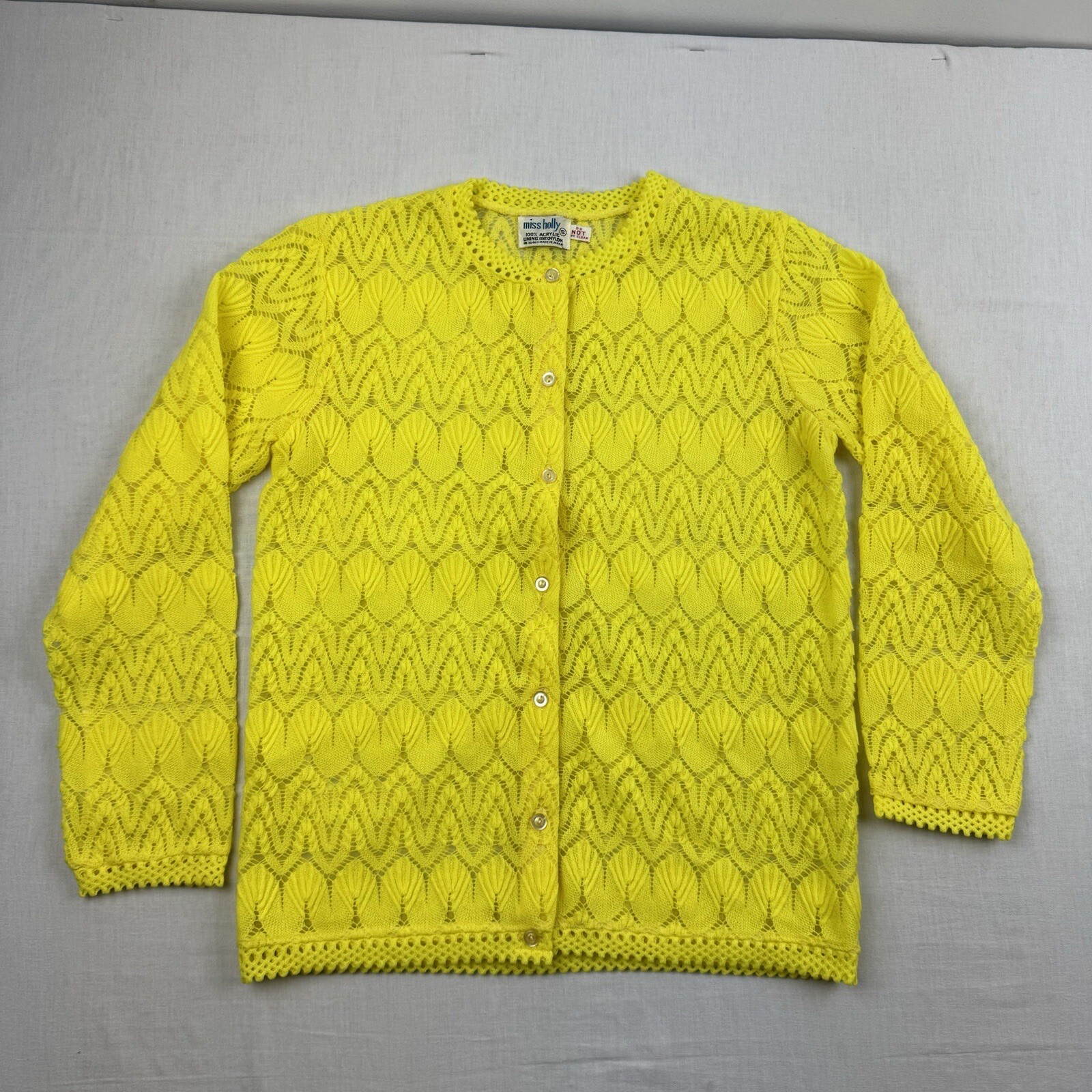 Vintage 1960s Miss Holly Neon Yellow Pointelle Lace Preppy Cottage Cardigan Sm