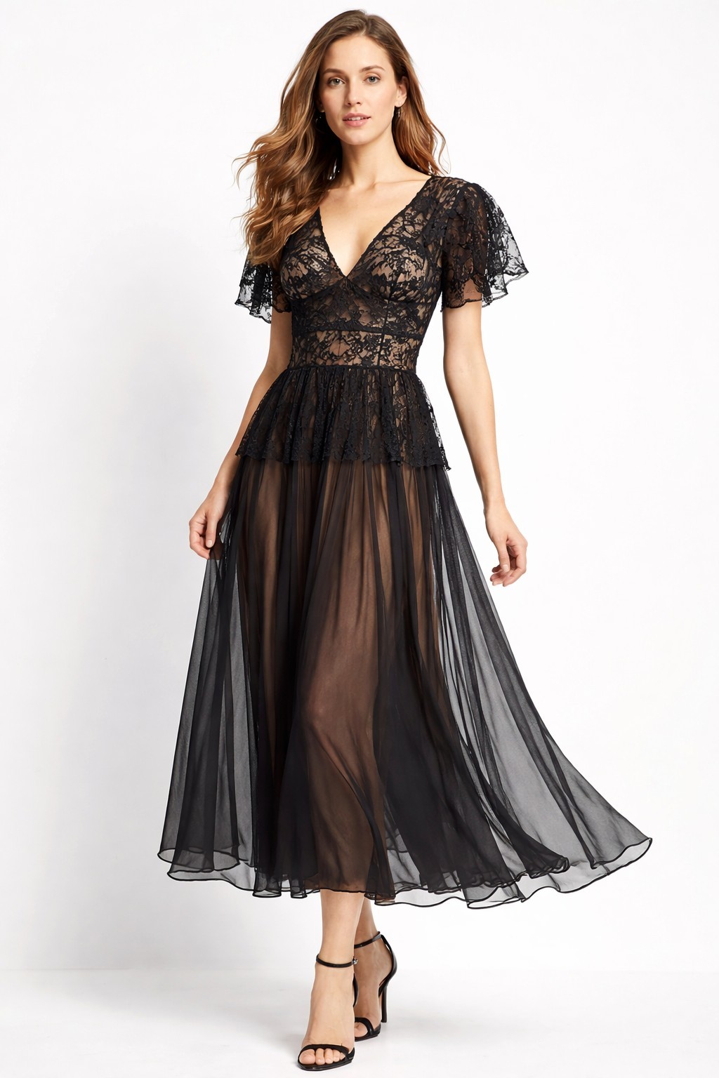 Vtg Late 70s Lee Jordan New York Lace Chiffon Dress ILGWU Union Made USA Size 8