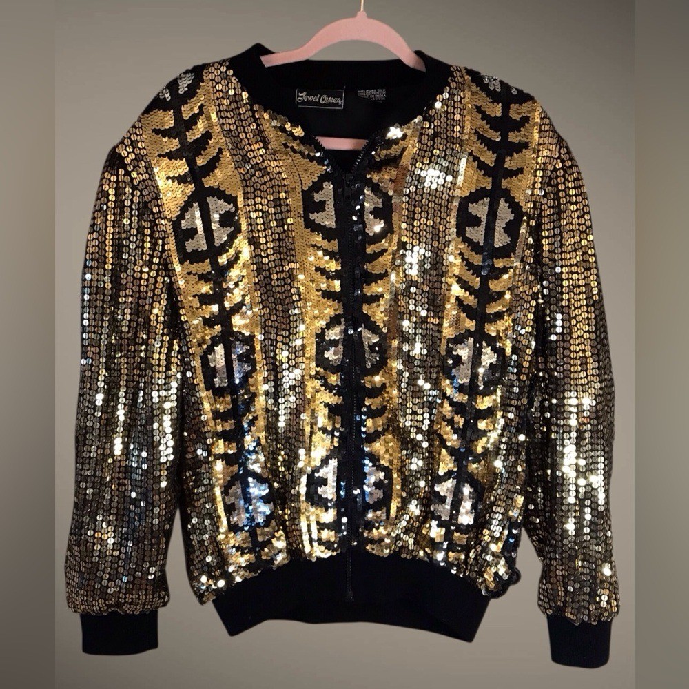 Vintage 80&rsquo;s JEWEL QUEEN Gold & Silver Sequin Bomber Jacket 1980&rsquo;s Party Large