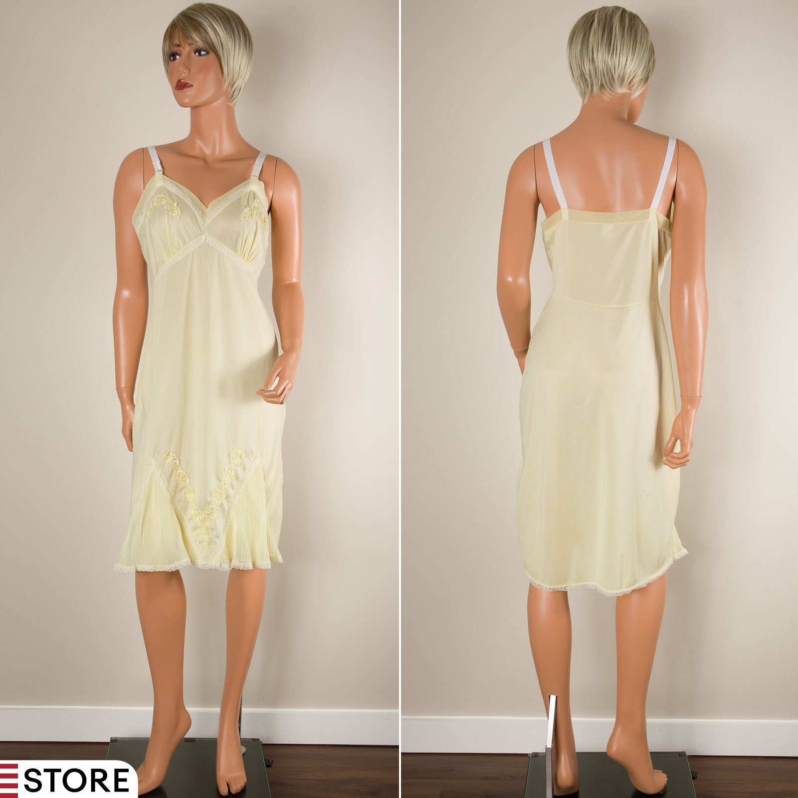 💖 Vintage MOVIE STAR Lemon Yellow Full Slip Dress 36 Nylon Accordion Pleats