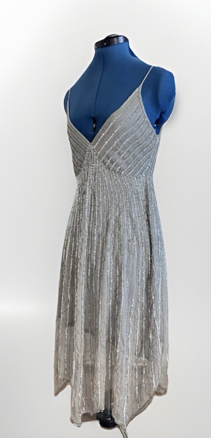 Vintage 90s Stenay Silver Grey Beaded Sequin Party Cocktail Gatsby Dress Size 8P