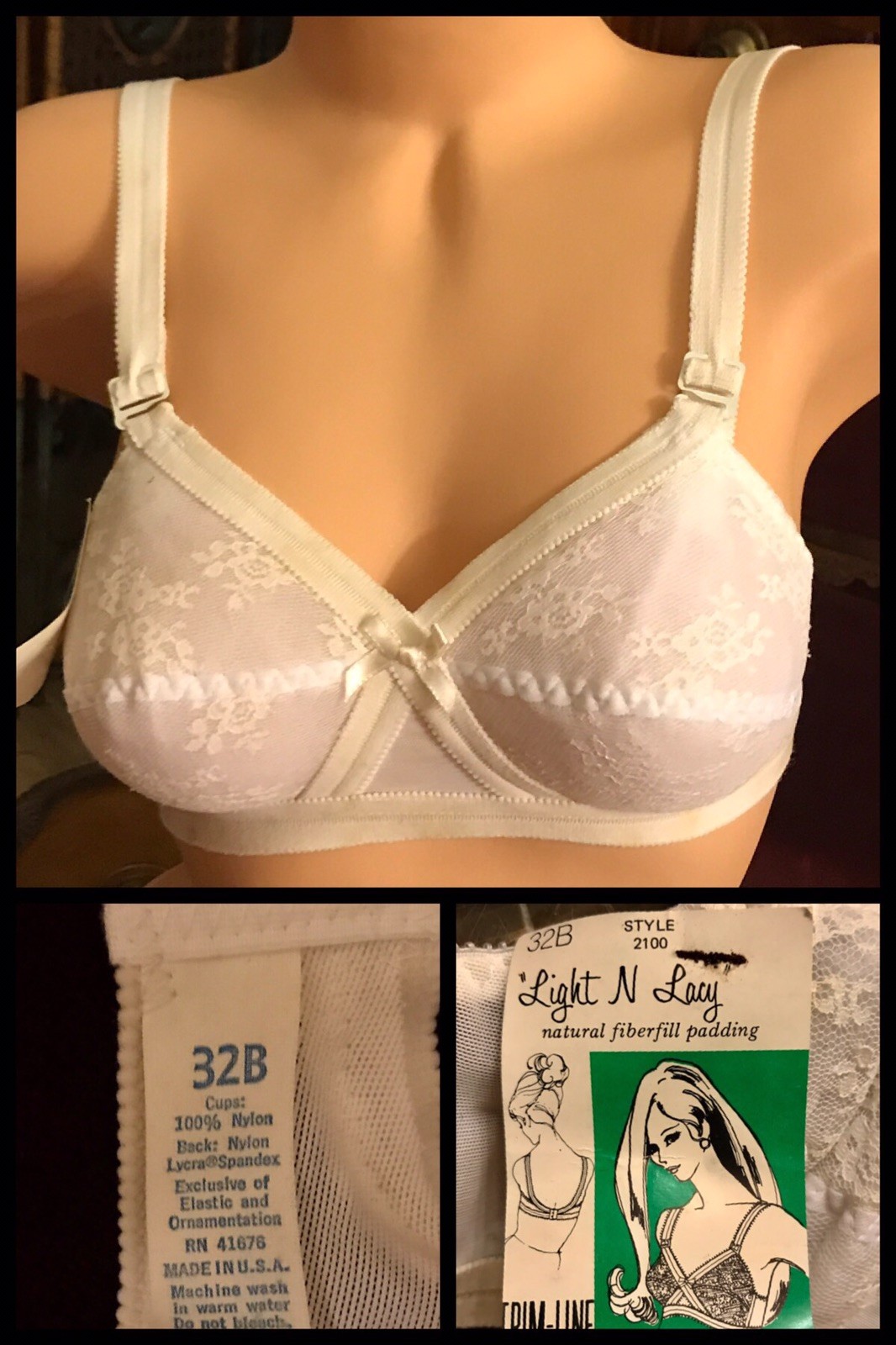 Vintage Bra Padded White Lace Nylon Spandex Lycra Adjustable Strap 1970s NEW 32B