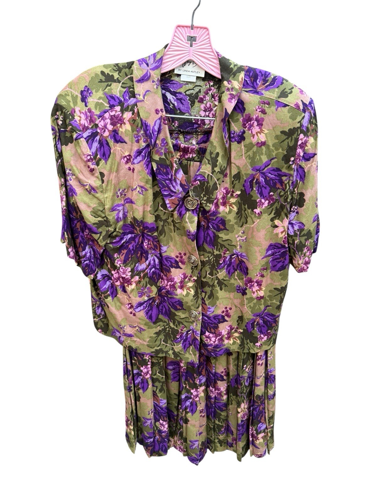 Vintage Two Piece Set Jeffrey & Dara Skirt Top Sz 14 Floral Linda Hutley Purple