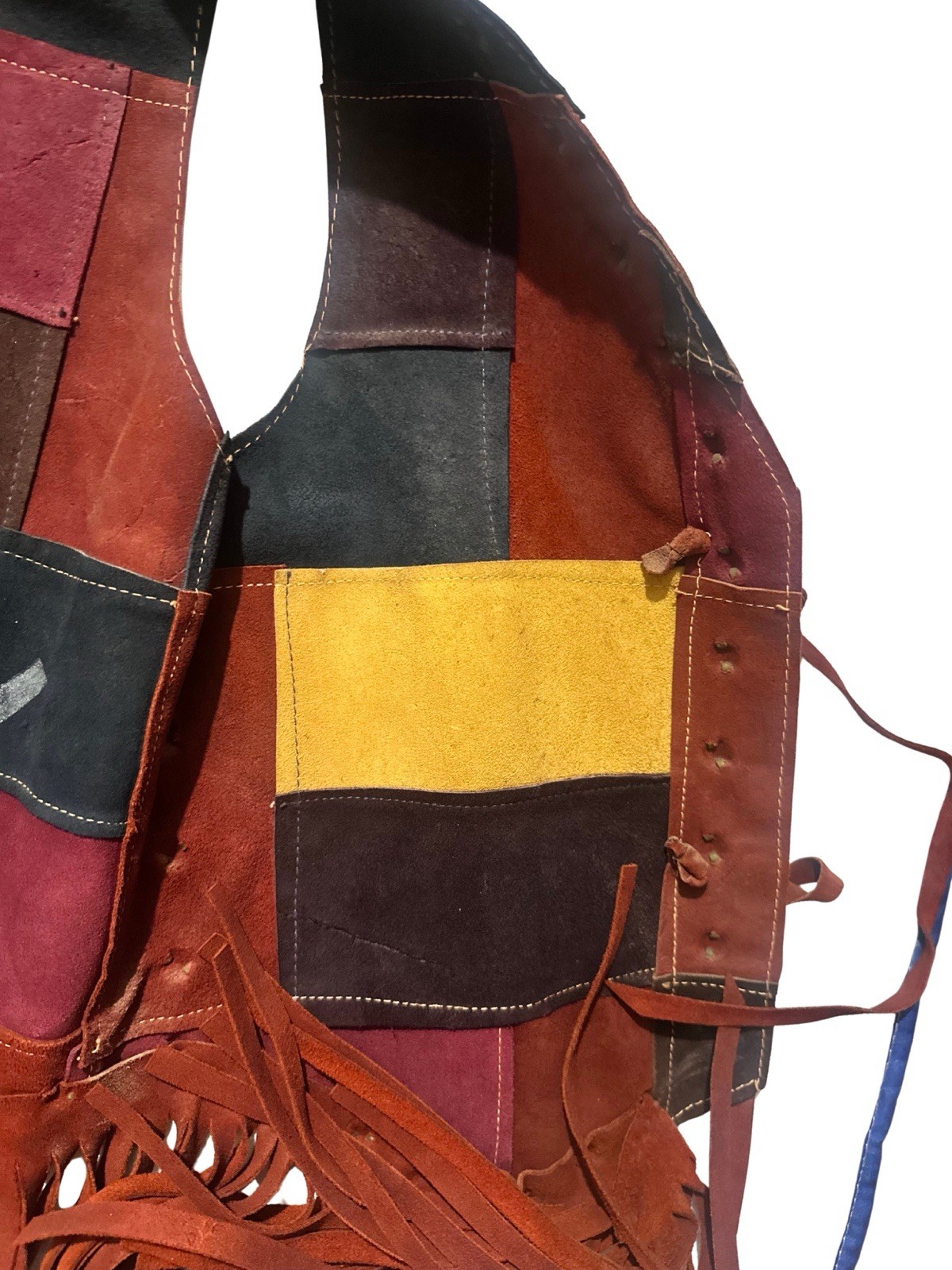 VINTAGE 1968 MONICA CANADA Suede Patchwork Fringe Vest Woodstock Hippie Rocker S