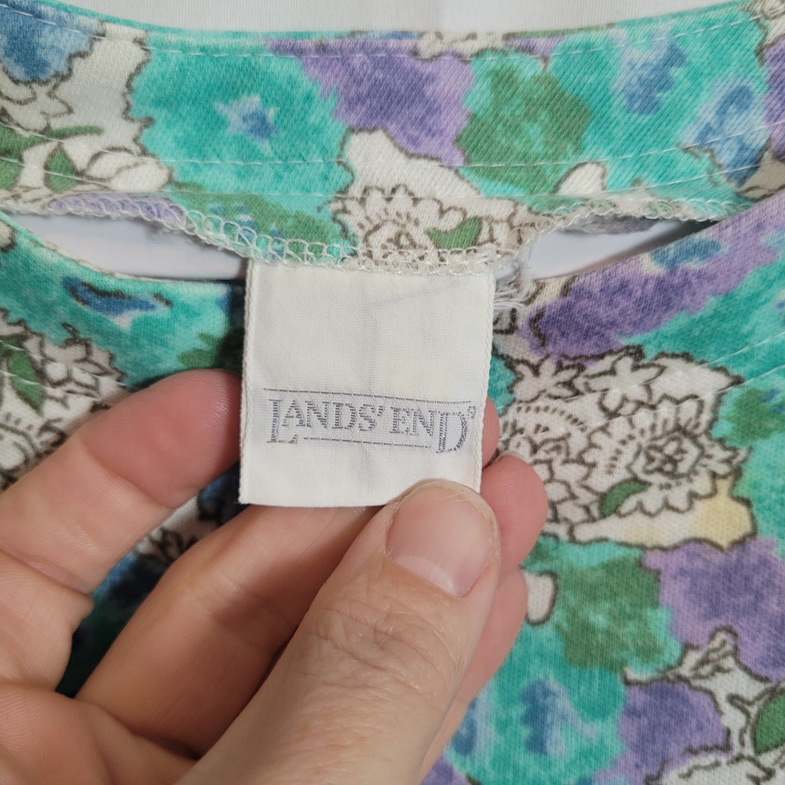 Vintage Lands End Floral Midi Dress Womens Large Teal Purple Cotton Blend USA