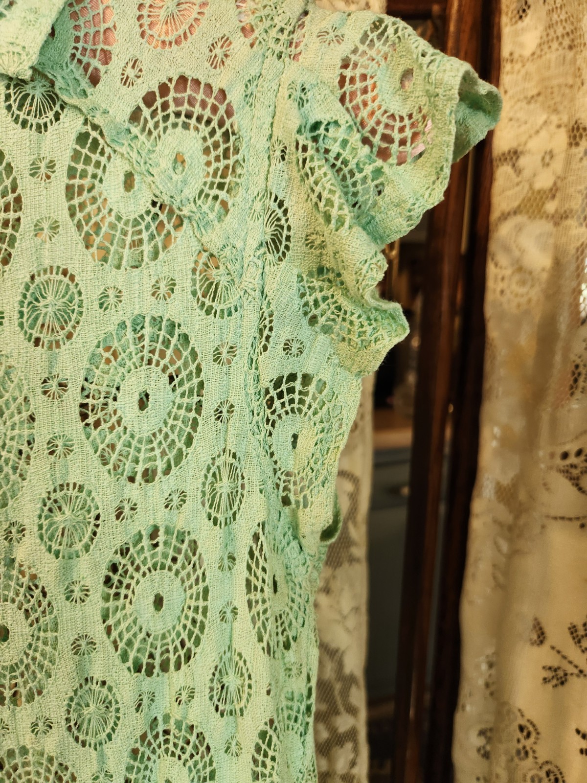 1930s Aqua Cotton Crochet Lace Dress with Cap Sleeves and Pockets XS