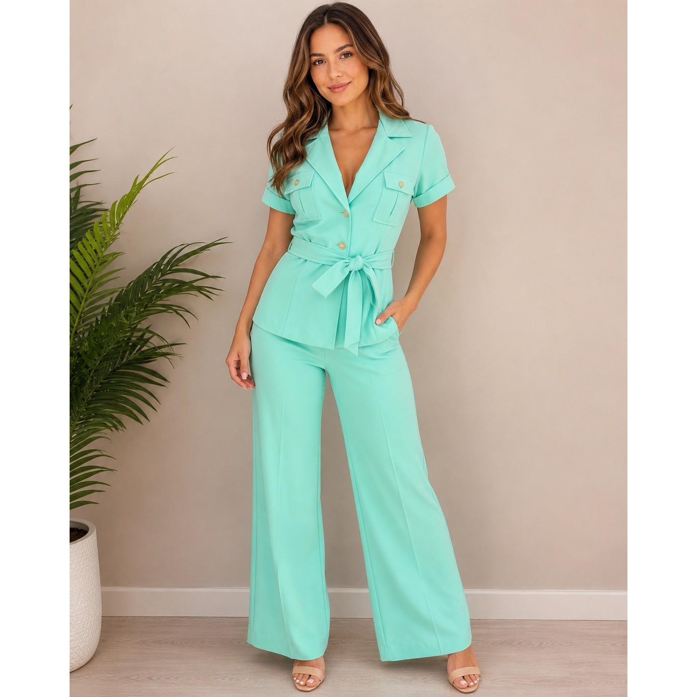 Vintage Womens Size 12 Mint Green 2 Piece Pantset Belted Top Wide Leg Pants 70s