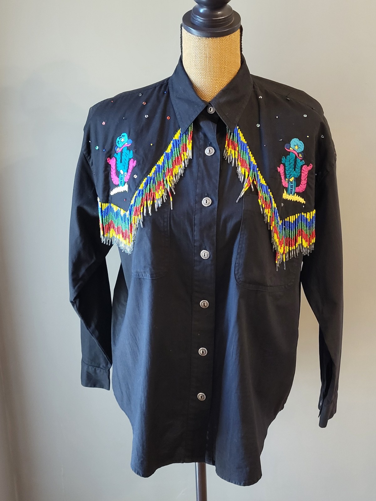 Southwest Canyon Vintage 1992 Black Polycotton Beaded Fringe Embroidered Western
