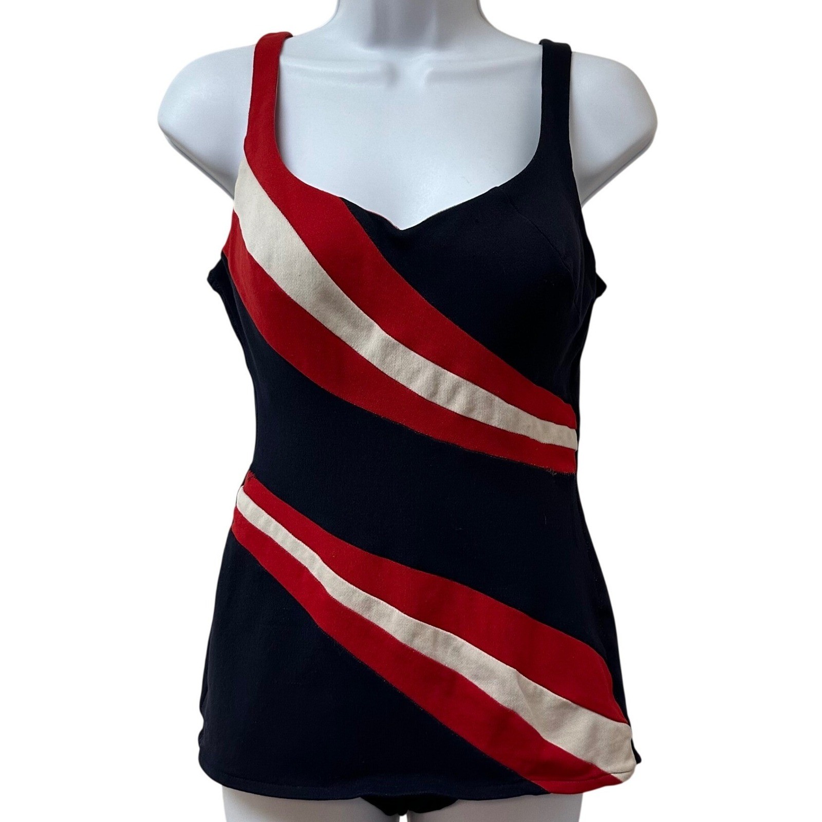 Vintage Peter Pan Oleg Cassini Swimsuit Navy Red White Striped One Piece 14/36