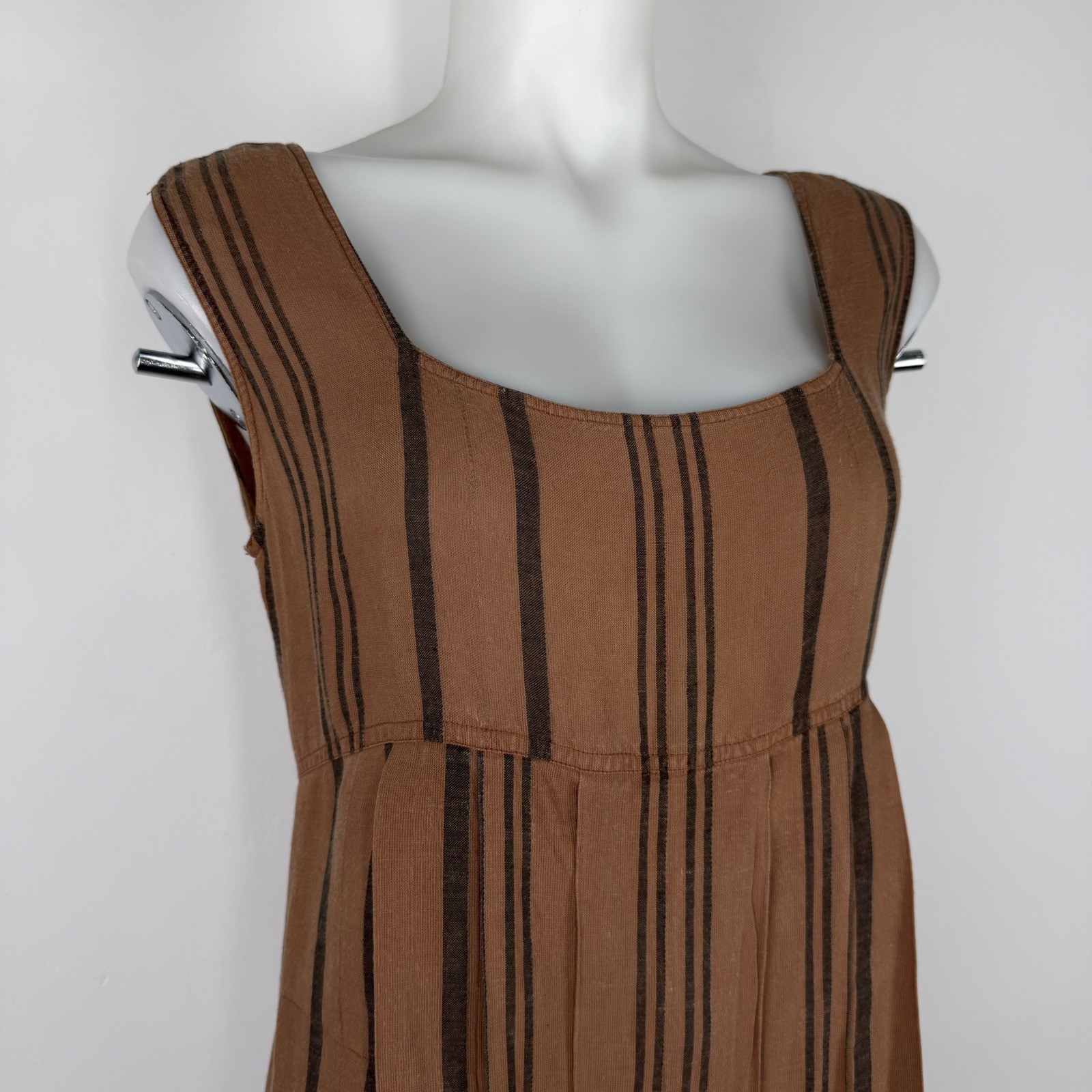 Vintage 80s Made in Italy Brown Striped Linen Blend Midi Dress SZ 44 DISTRESSED